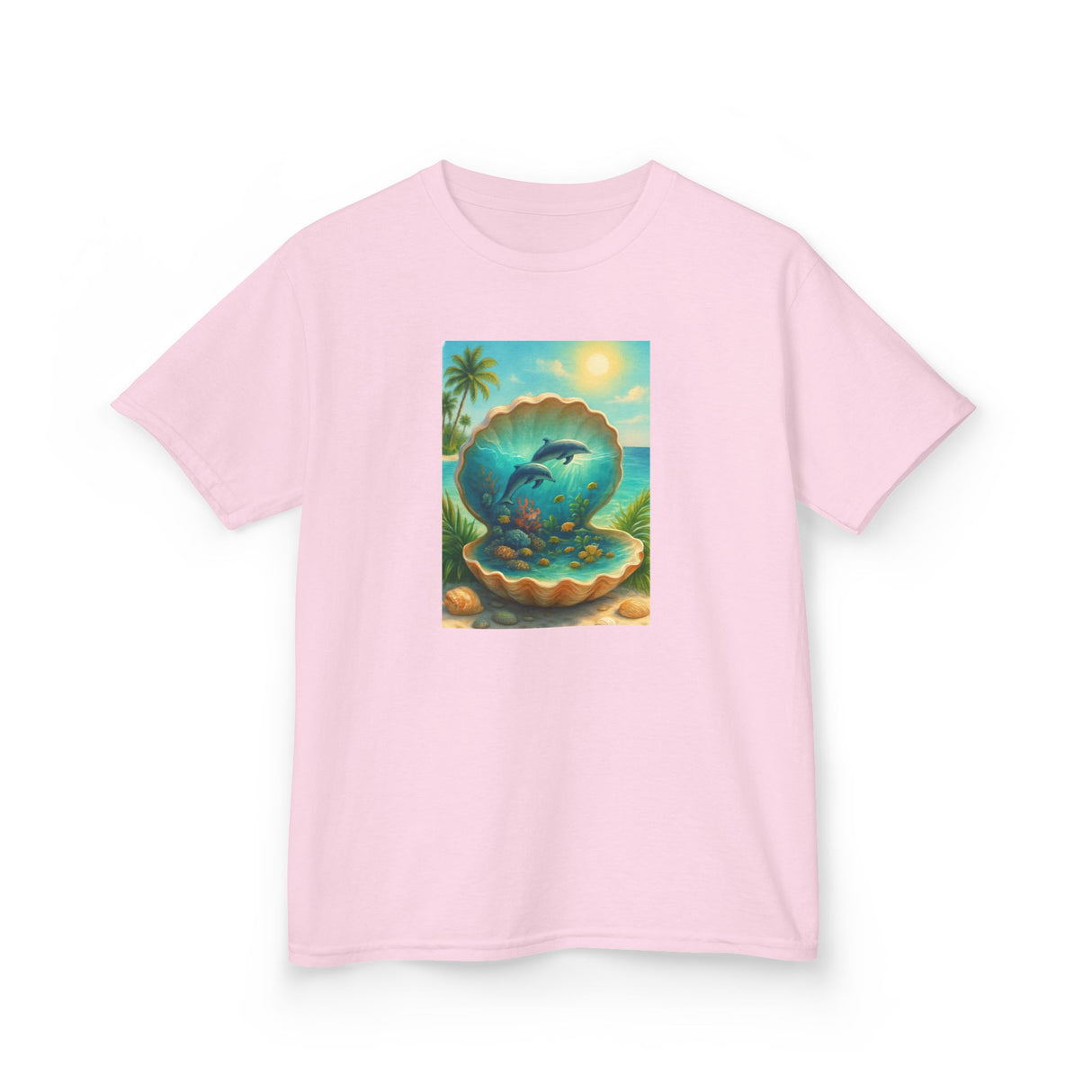 Kids Tee — Ocean Pearl Dolphin Shell Beach Graphic featuring a bright and colorful design perfect for seaside fun.