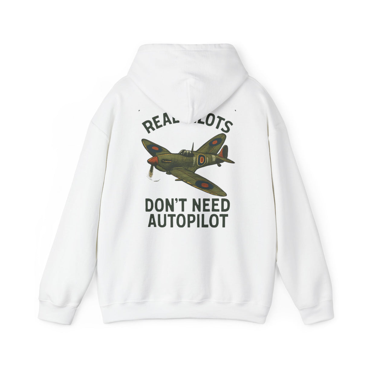 Close-up of the 'Real Pilots Don't Need Autopilot' Vintage WWII Plane graphic on the back of the sweatshirt.