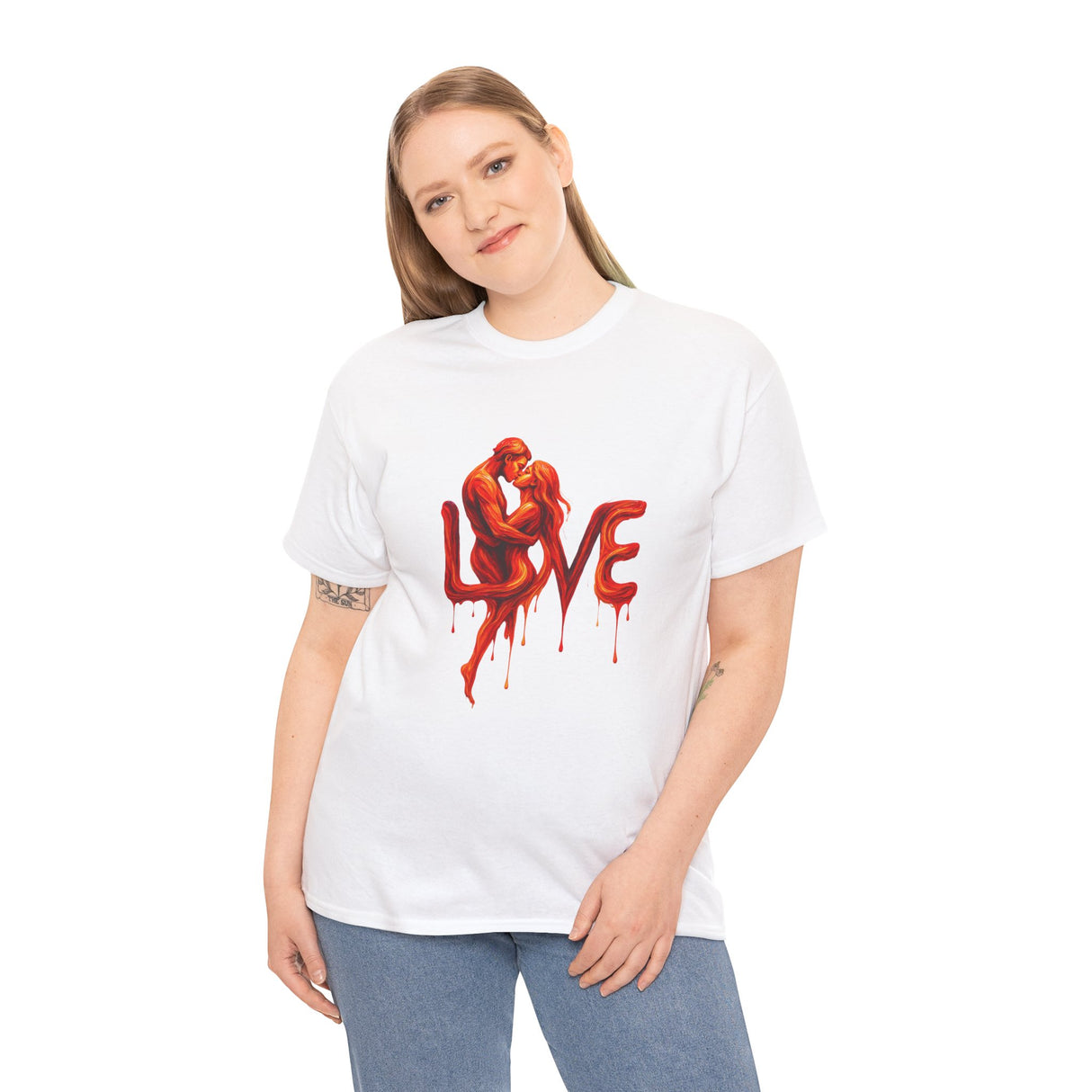 Love Silhouette T-Shirt - Romantic Dripping Heart Design displayed on a hanger with artistic backdrop.