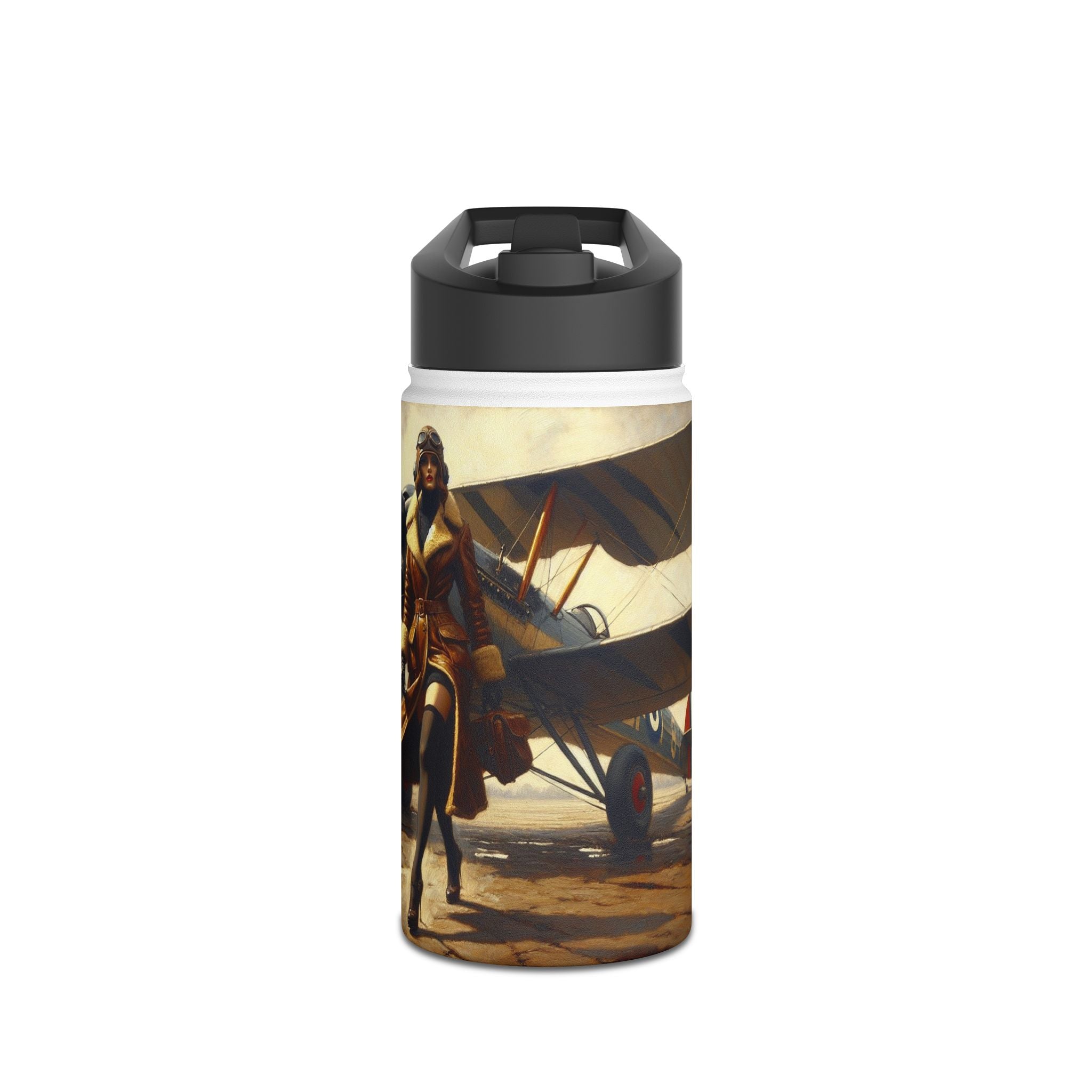Close-up of the Aviator Vintage Stainless Steel Water Bottle with a matte grain texture and warm sepia tones inspired by vintage aviation.