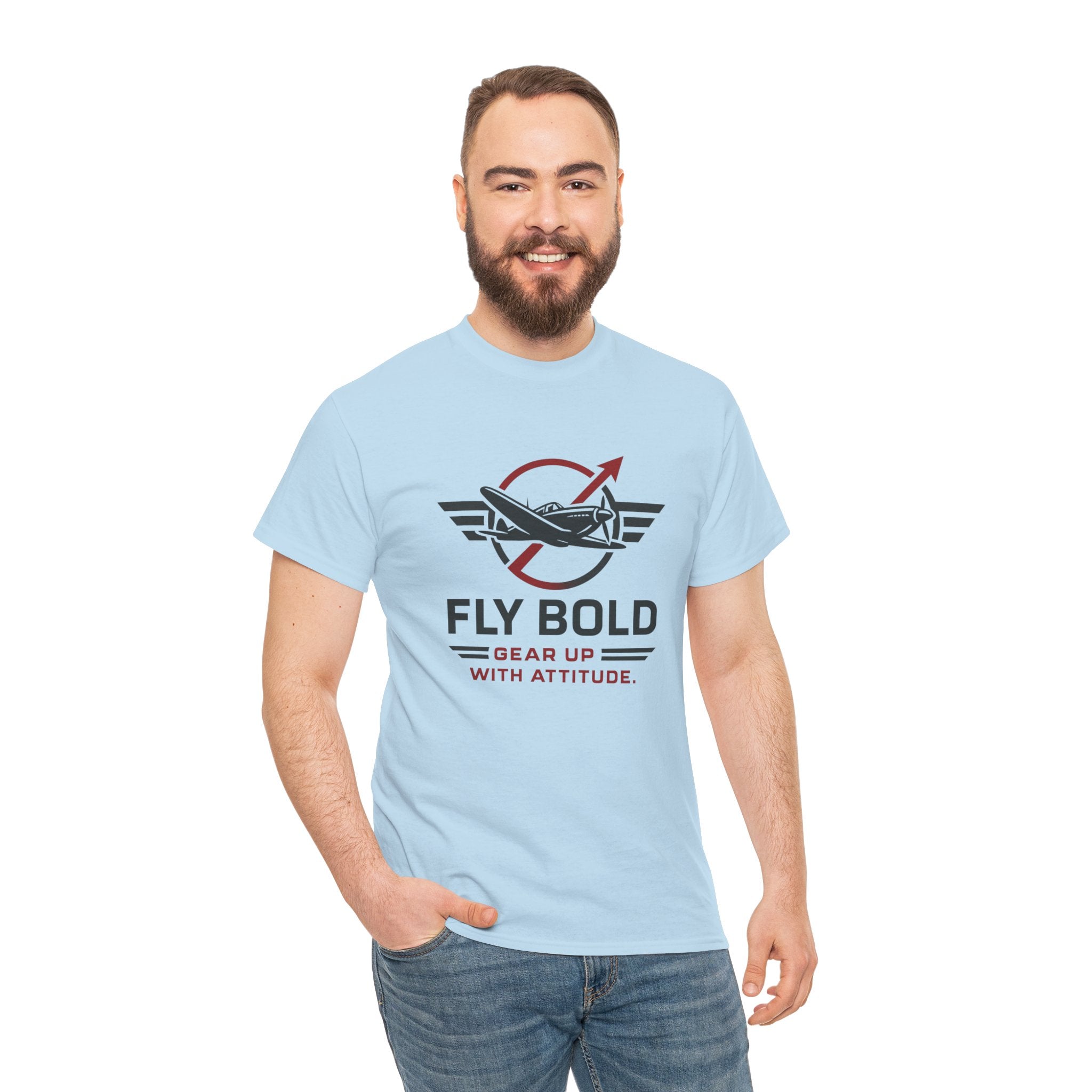Smiling model wearing Fly Bold Graphic Tee, radiating confidence and style.