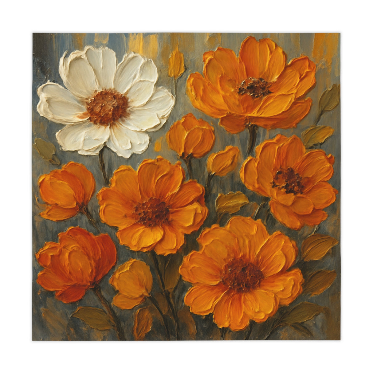 Autumn Bloom Tablecloth featuring vibrant orange and white floral design, perfect for adding warmth to your dining decor.
