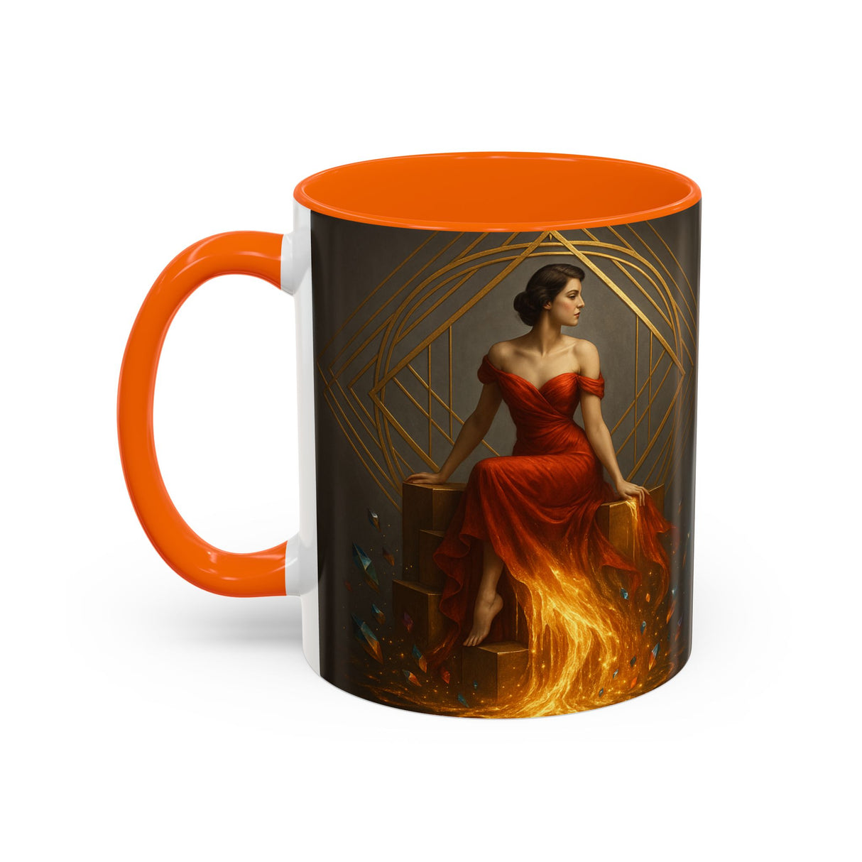 Fiery Goddess Accent Coffee Mug sitting on a wooden desk, perfect for home or office use.