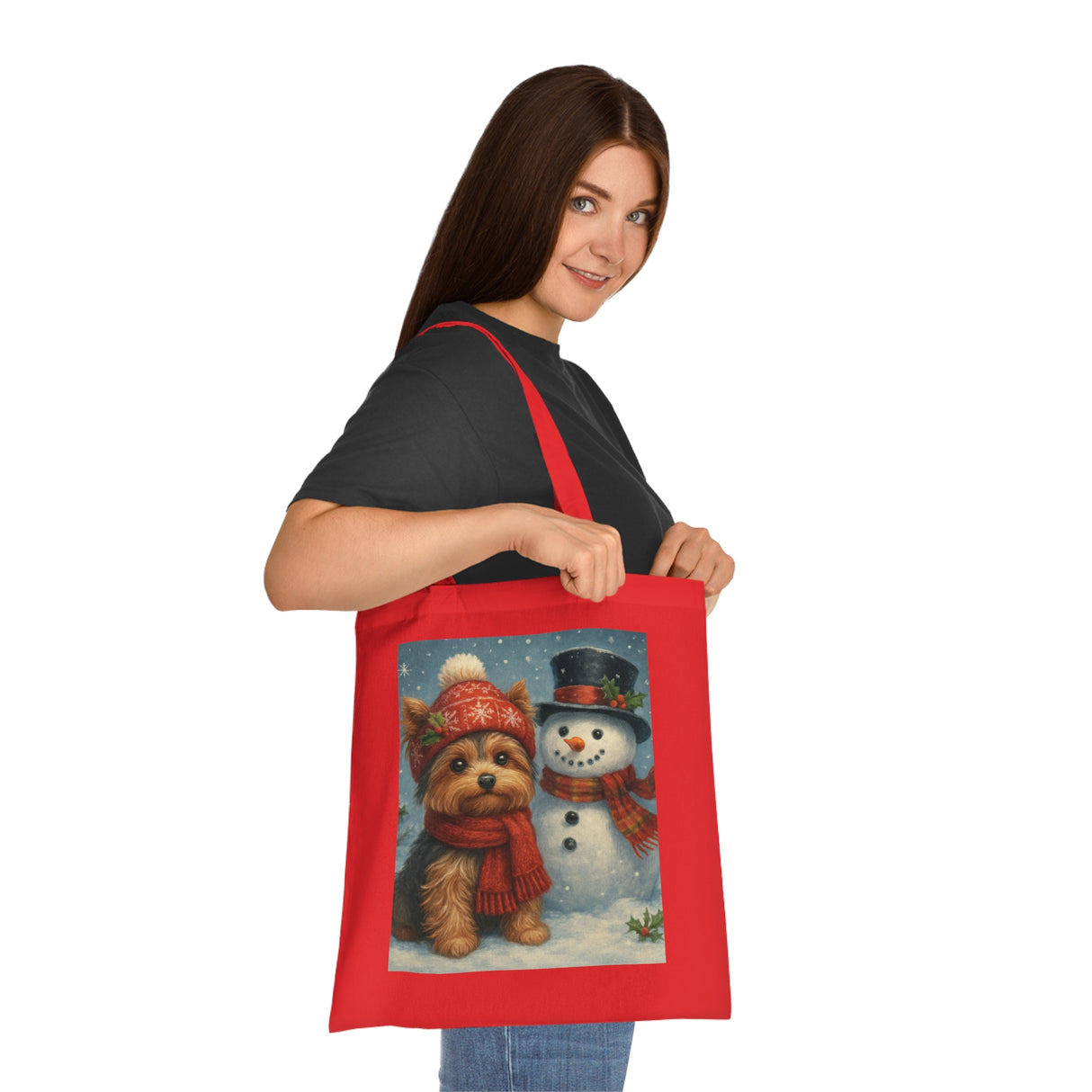 Brightly decorated Christmas Snowman Tote Bag perfect for capturing the joy of the holiday season.