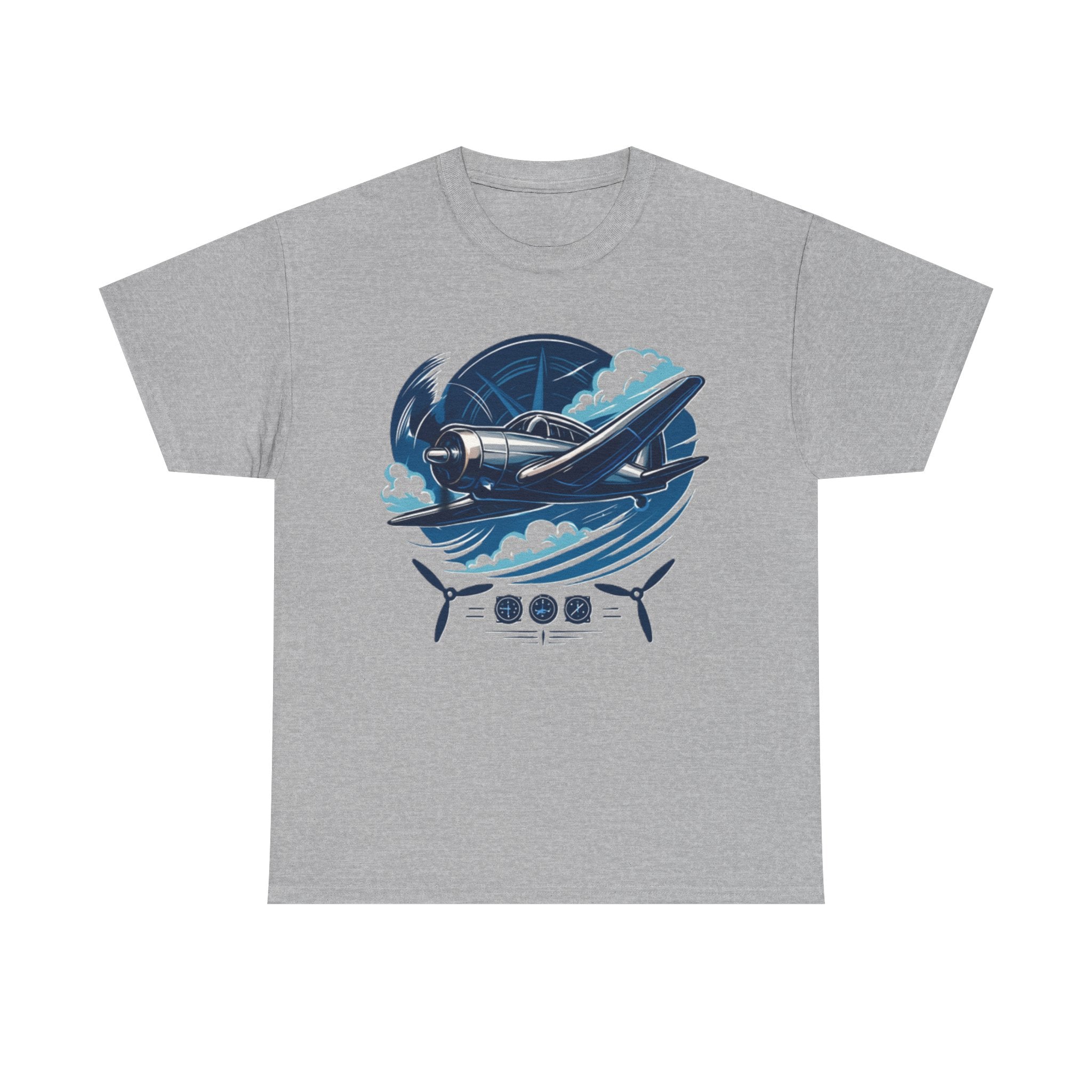 Vintage Propeller Plane T-Shirt laid flat displaying the clean white canvas and vibrant blue gradient illustration.