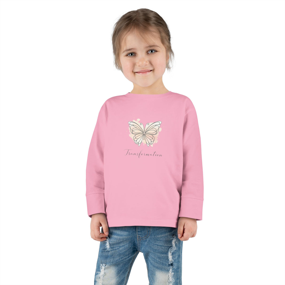 Transformation Pastel Butterfly Graphic Kids Shirt —Toddler Long Sleeve Tee