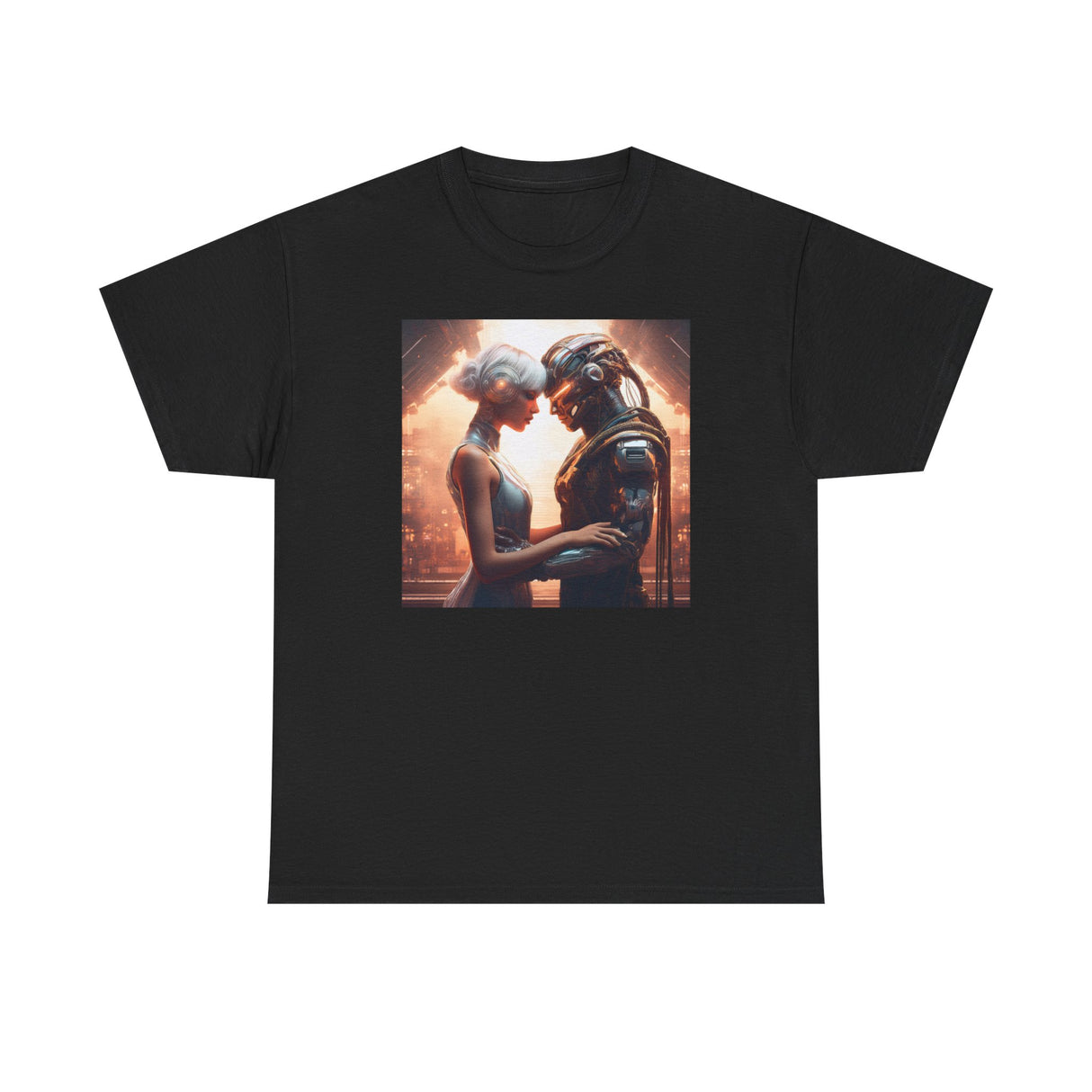 Romantic Sci-Fi Couple Tee — Futuristic Lovers Graphic T-Shirt highlighted with a cinematic print of futuristic romance.