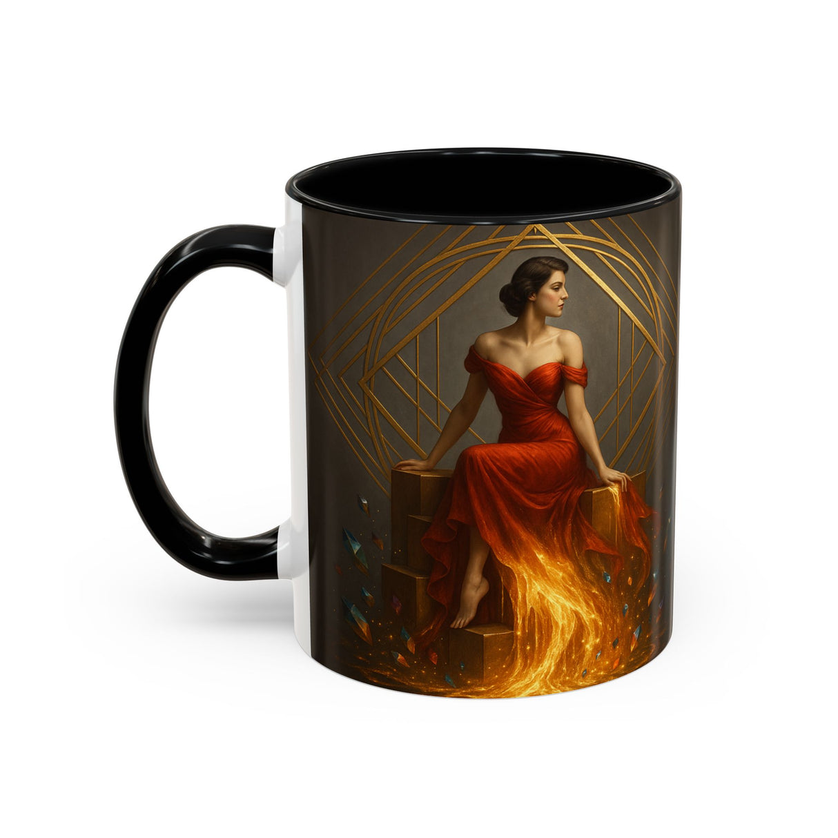 Fiery Goddess Accent Coffee Mug being washed in a dishwasher, showcasing its durability.