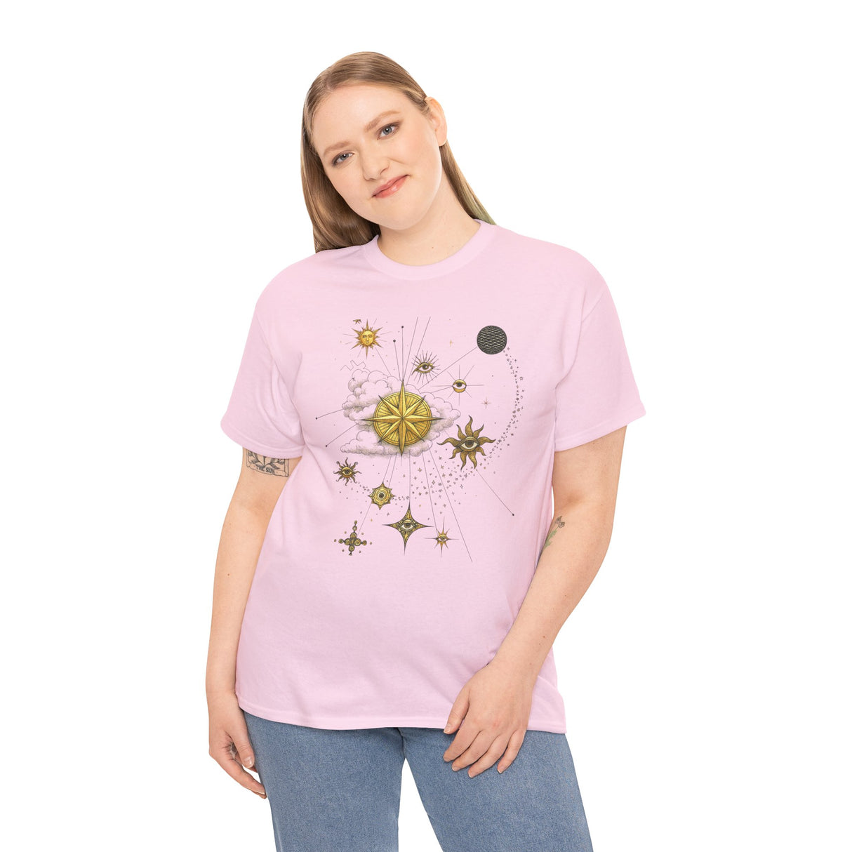 Detail of the Celestial Gold Star Map T-Shirt's sleeve featuring high-quality, detailed printing.