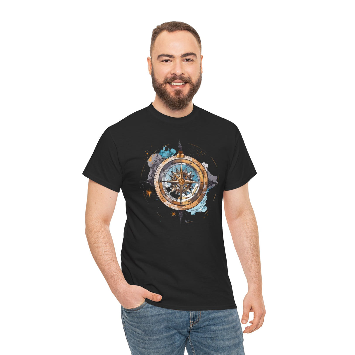 Compass Rose T-Shirt hanging on a clothesline with ocean background, embodying a serene nautical style — Vintage Nautical Adventure Graphic Tee