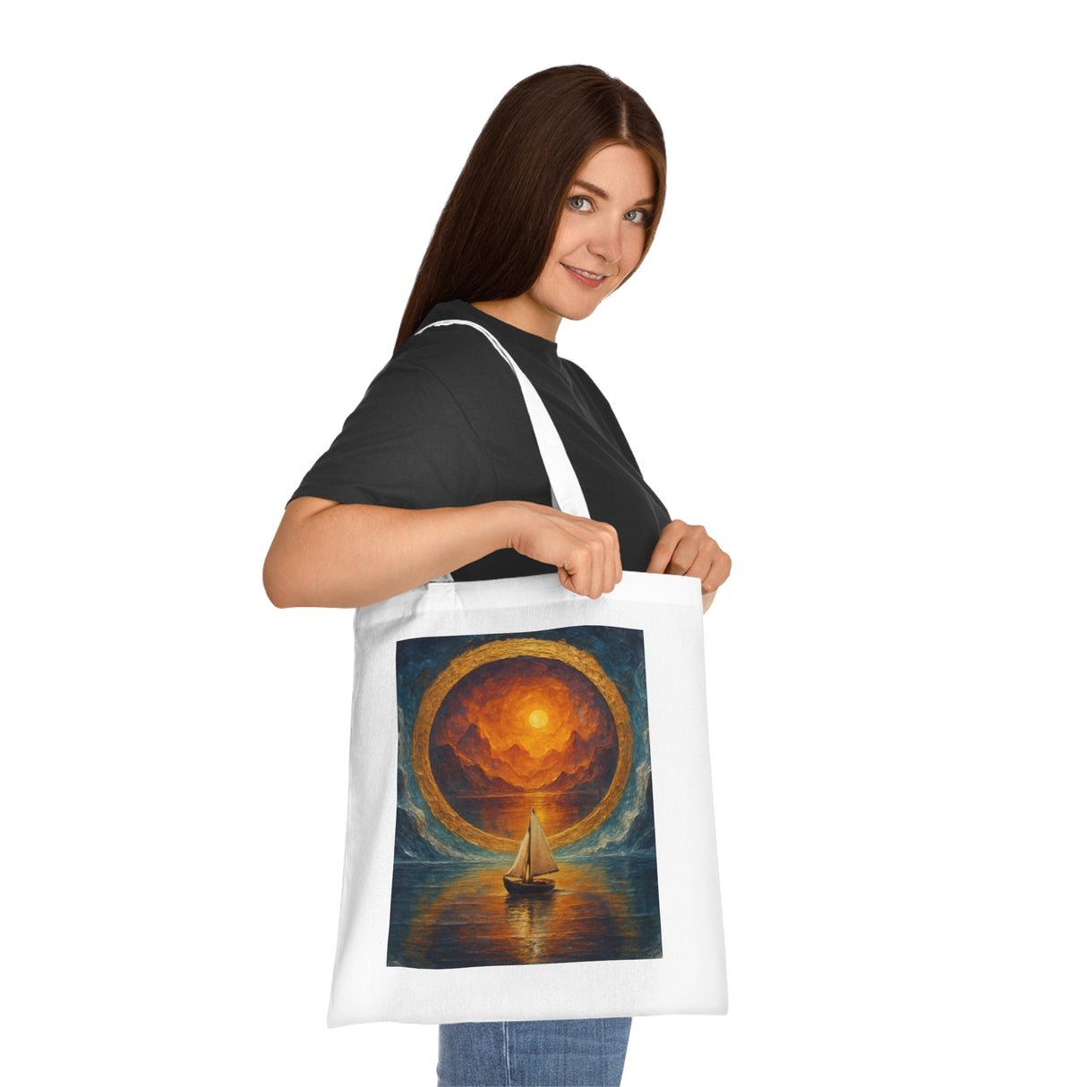 Sailboat Sunset Tote Bag – Beautiful view showcasing the artistic ocean sunset canvas design in warm golds and deep blues.