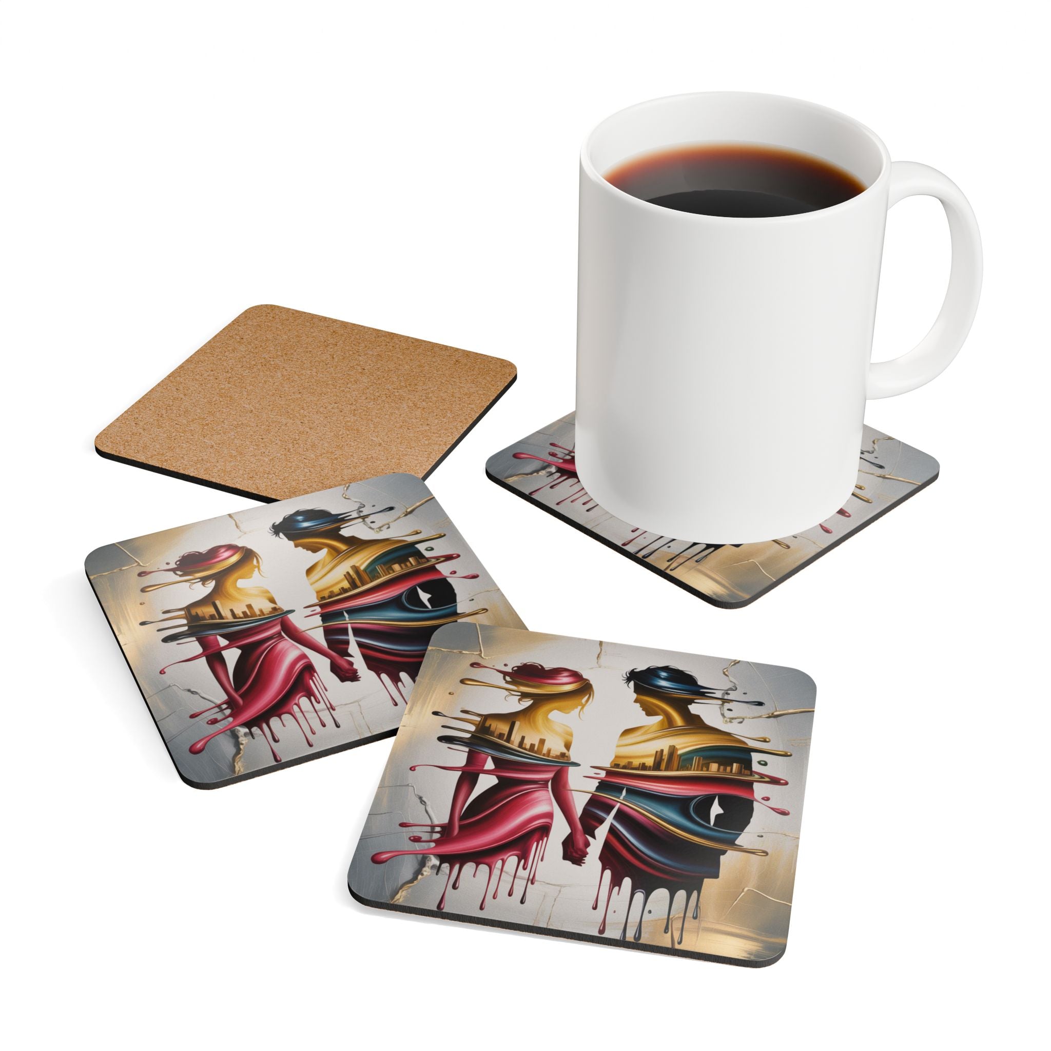 Abstract Couples Cork Coaster Set — Romantic Drip Art Drink Coasters