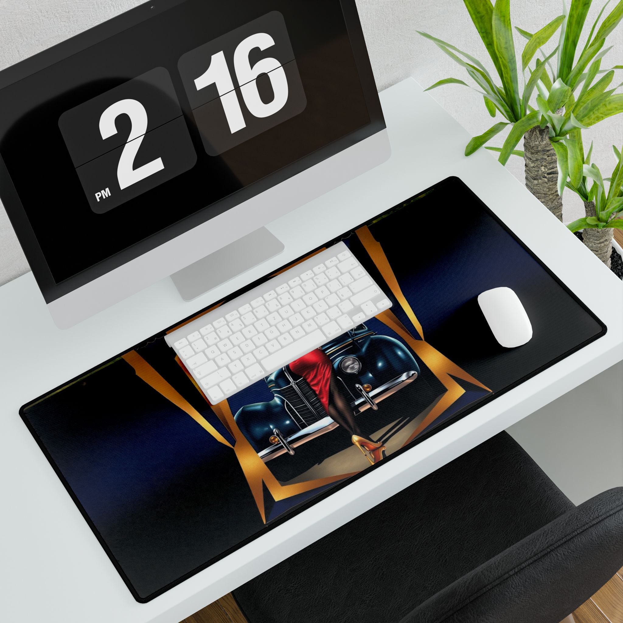 Lifestyle image of Vintage-Inspired Desk Mat with Classic Car Design, 31.5" x 15.5", adding personality to a stylish office setup.