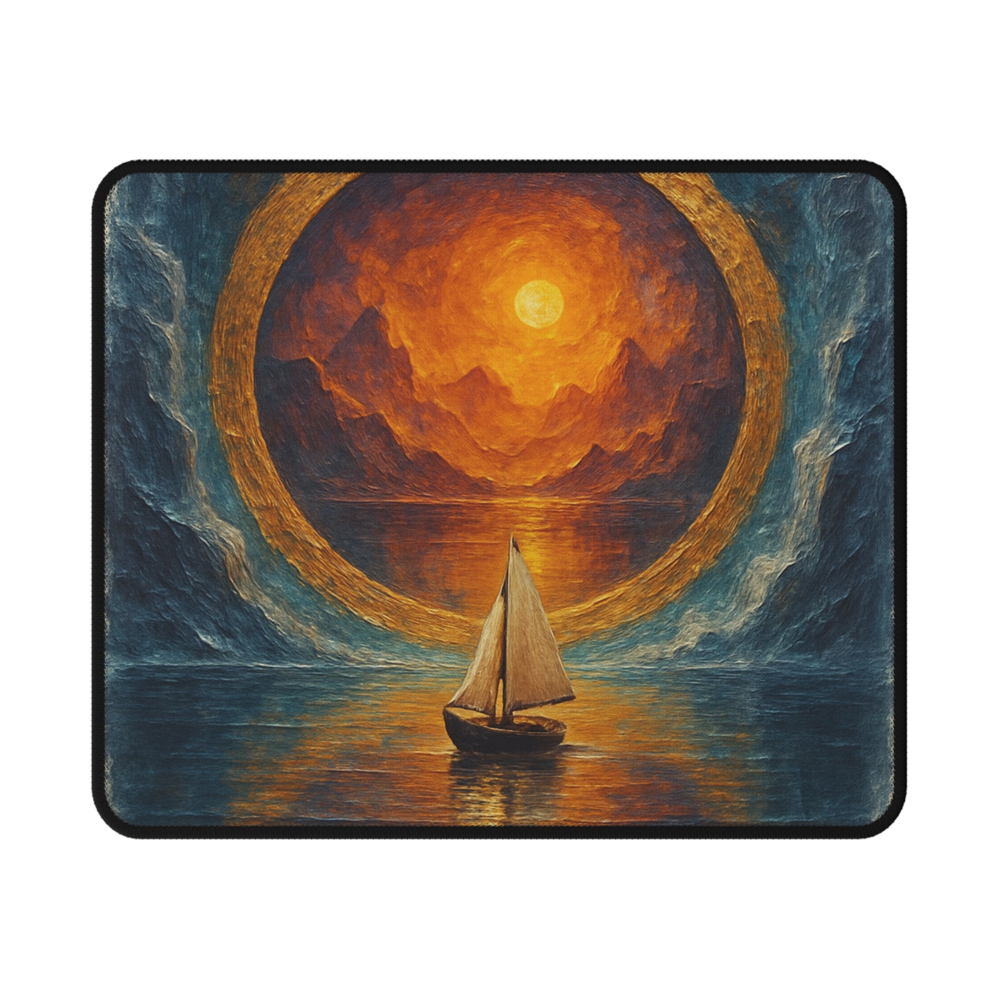 Close-up view of the non-slip base of the Sailing Into the Sun Gaming Mouse Pad, showcasing its textured rubber backing for a firm desk grip.