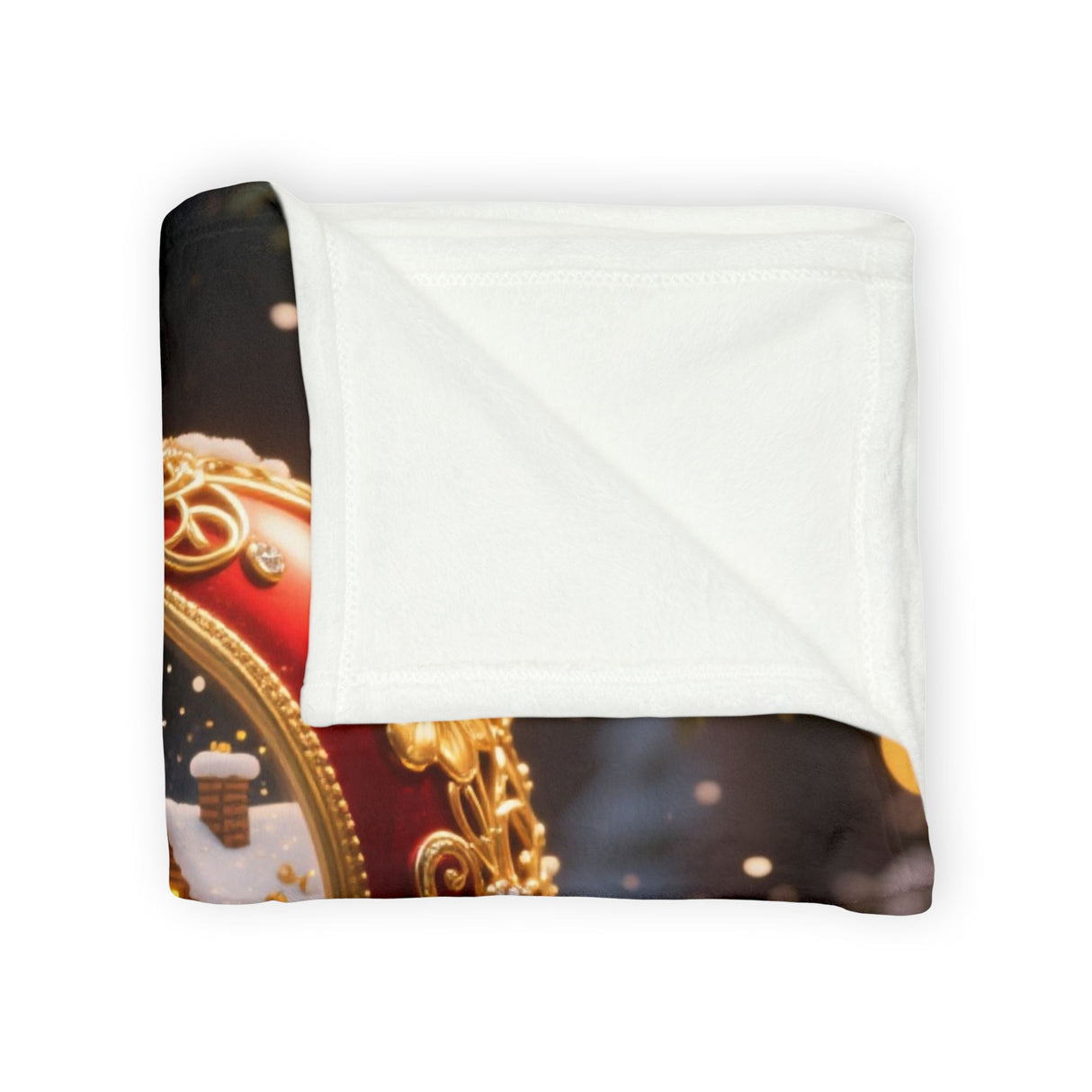 Christmas Ornament Holiday Blanket — Cozy Festive Throw spread out over a lap during a holiday movie night, featuring a snowy village.