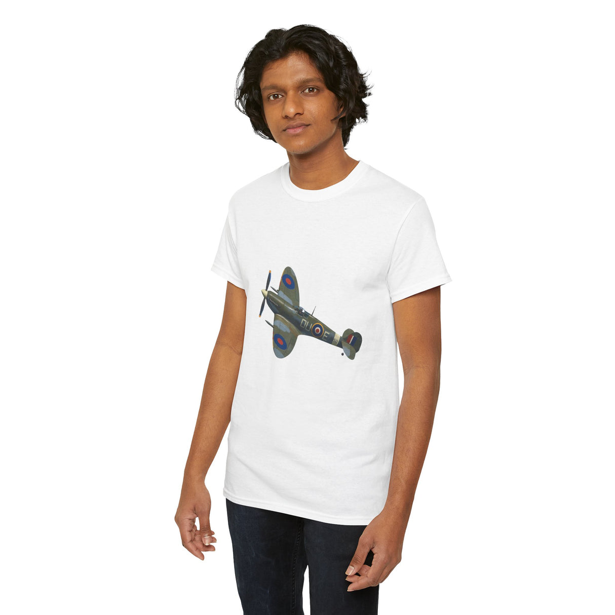 Casual styling of vintage WWII Spitfire Fighter Plane T-Shirt with chinos for a relaxed weekend look