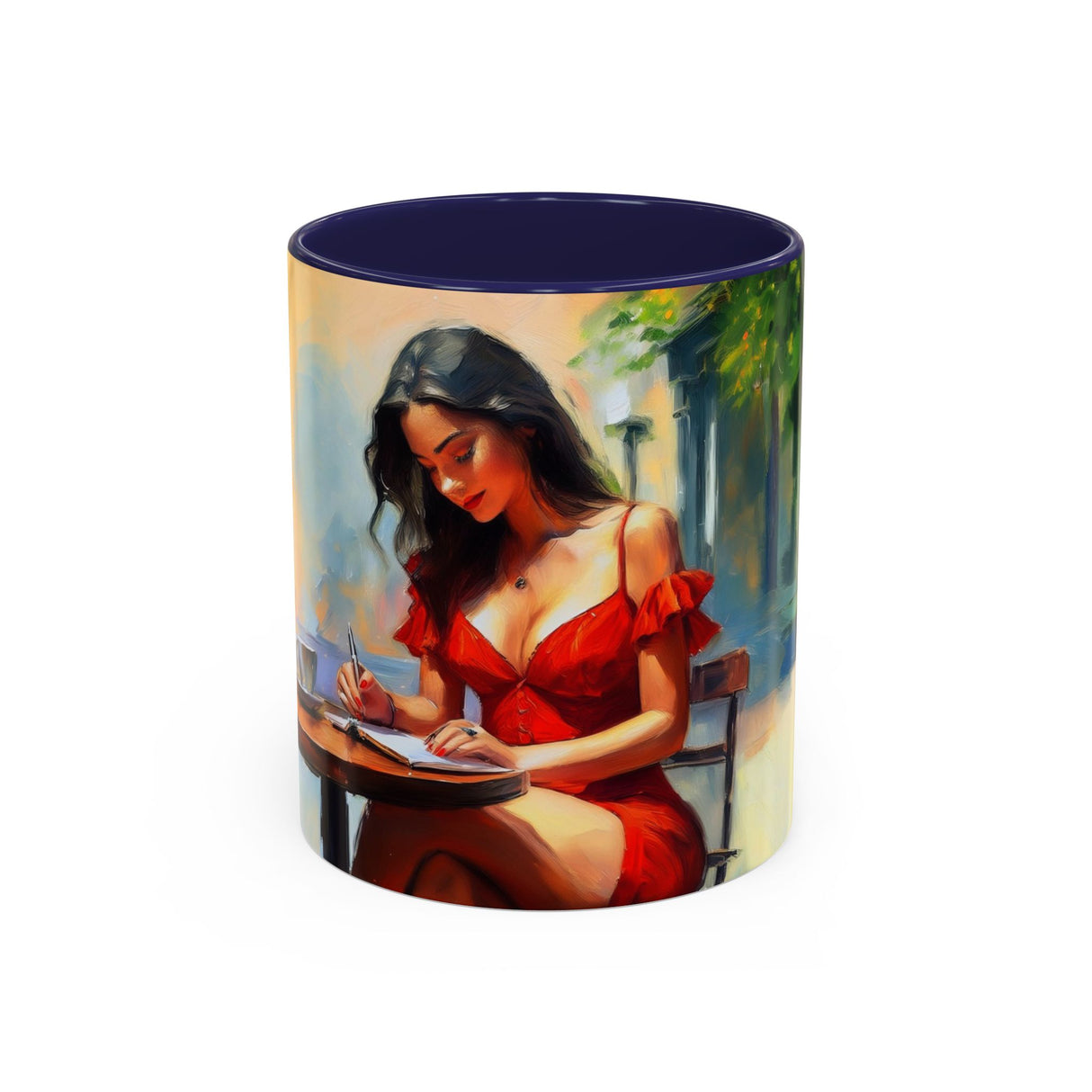 Artistic Red Dress Accent Coffee Mug - 11oz displayed on a rustic wooden table