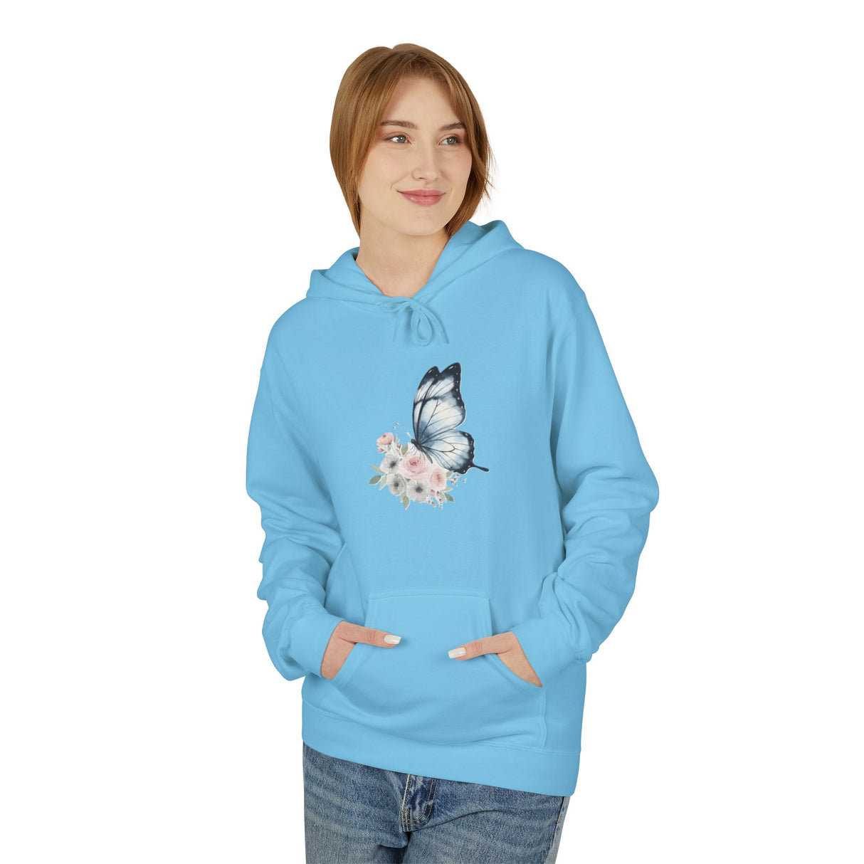 Butterfly Floral Hoodie — Watercolor Blue Butterfly with Pink Flowers US
