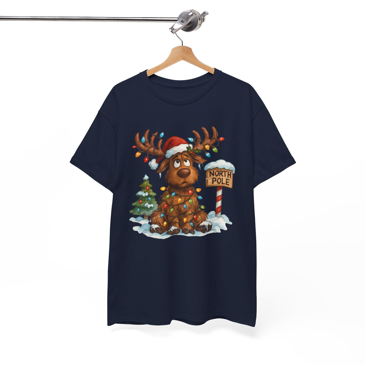 A playful design on the Christmas Reindeer Tee, featuring a reindeer trying to help decorate for Christmas.