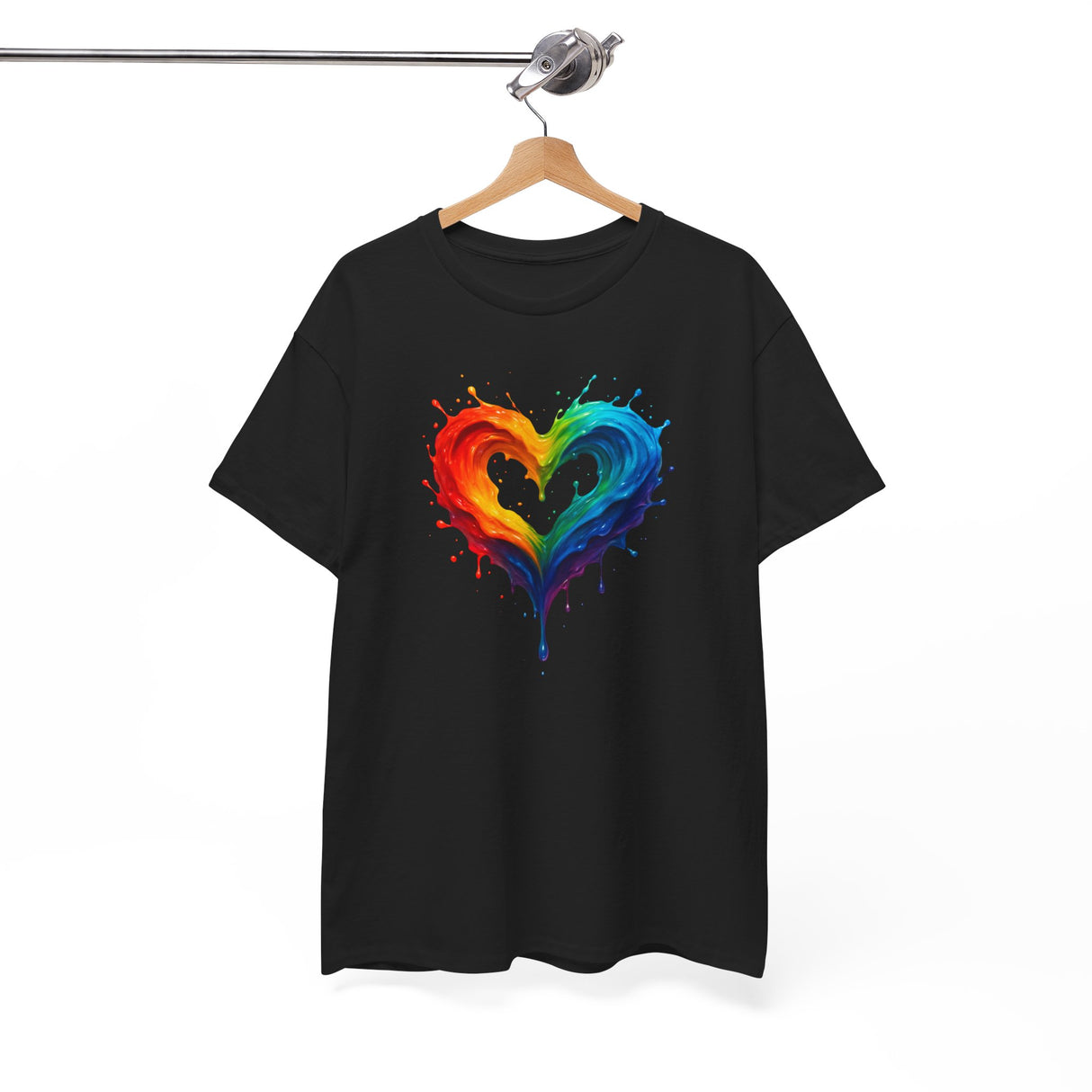 Rainbow Drip Heart T-Shirt styled with trendy bottoms, illustrating its versatility as a colorful heart t-shirt.