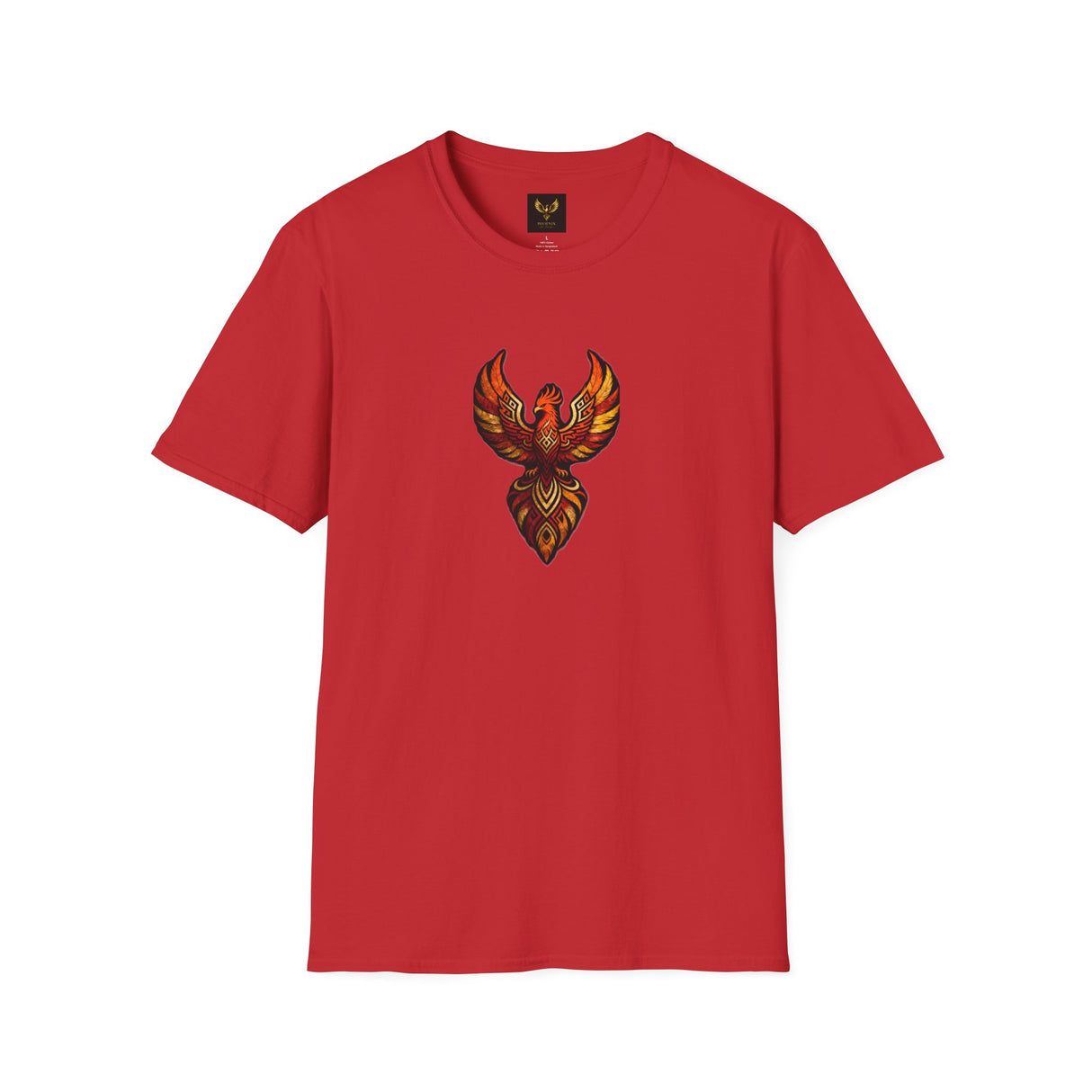 Phoenix Tribal Graphic T-Shirt Fiery Bird Design Tee in urban setting, featuring a vibrant phoenix design red front