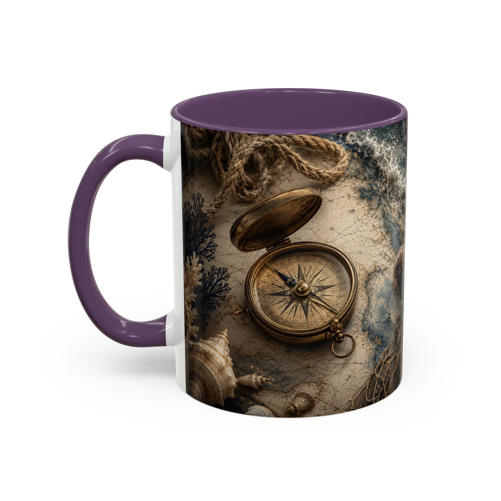 Nautical Compass Accent Coffee Mug – Vintage Sea Shells & Compass Travel Design (11oz)