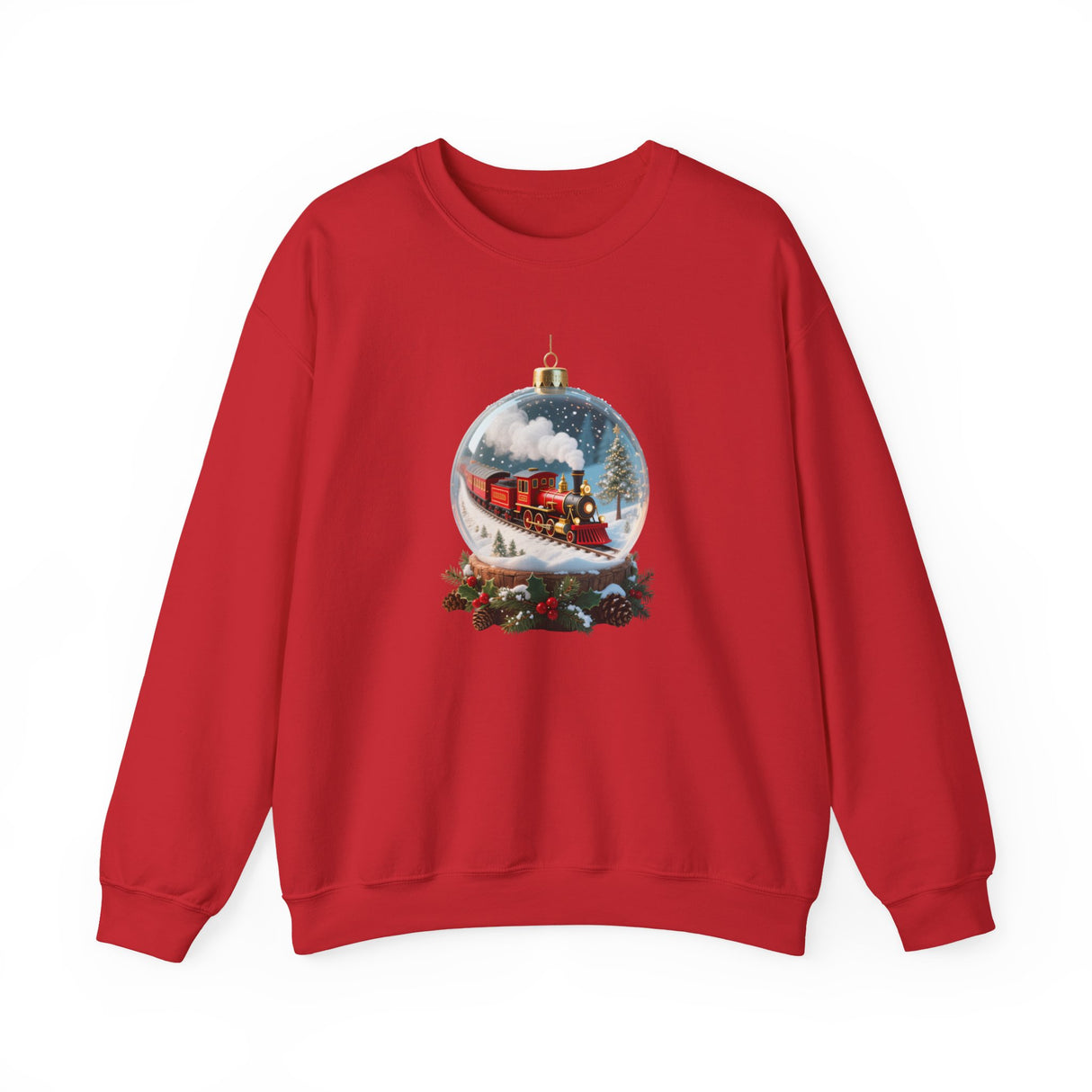 Close-up of the soft fabric and crewneck design of the Christmas Train Snow Globe Sweatshirt, ideal for cozy winter days.