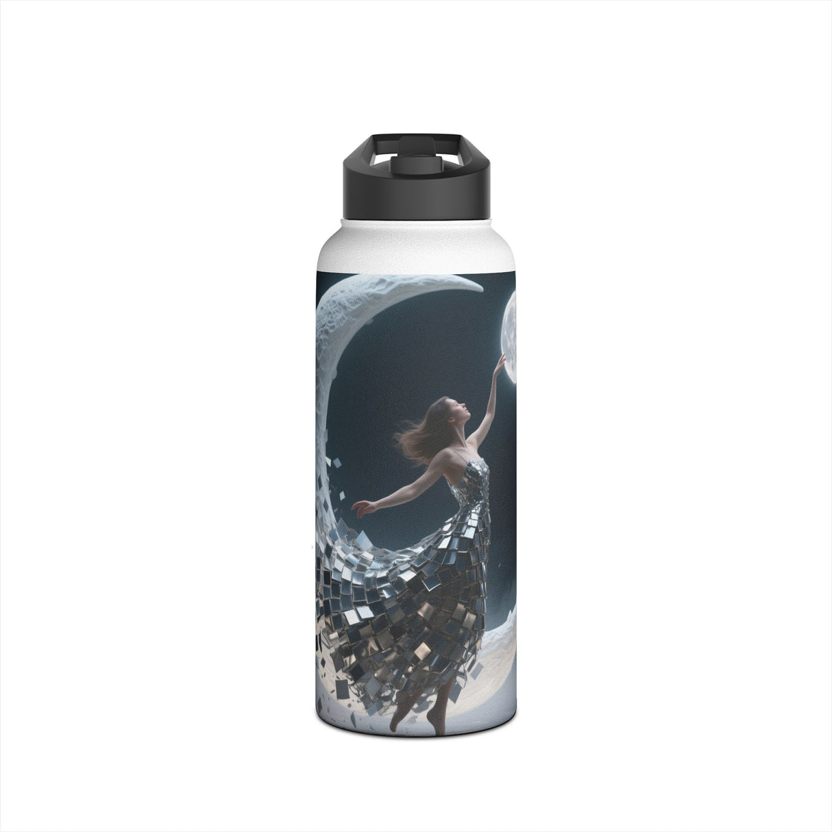The matte, grainy finish of the Sunset Cove Stainless Steel Water Bottle highlighting its painterly coastal scene design.