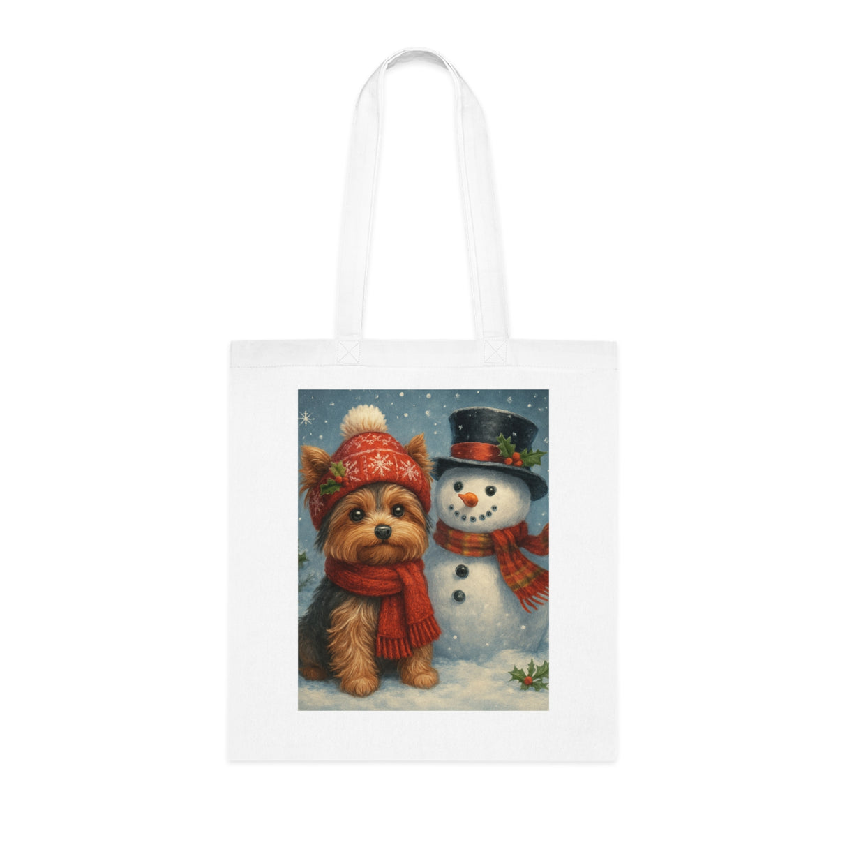 Double-print Christmas Snowman Tote Bag showing enthusiastic holiday spirit with a cute snowman.