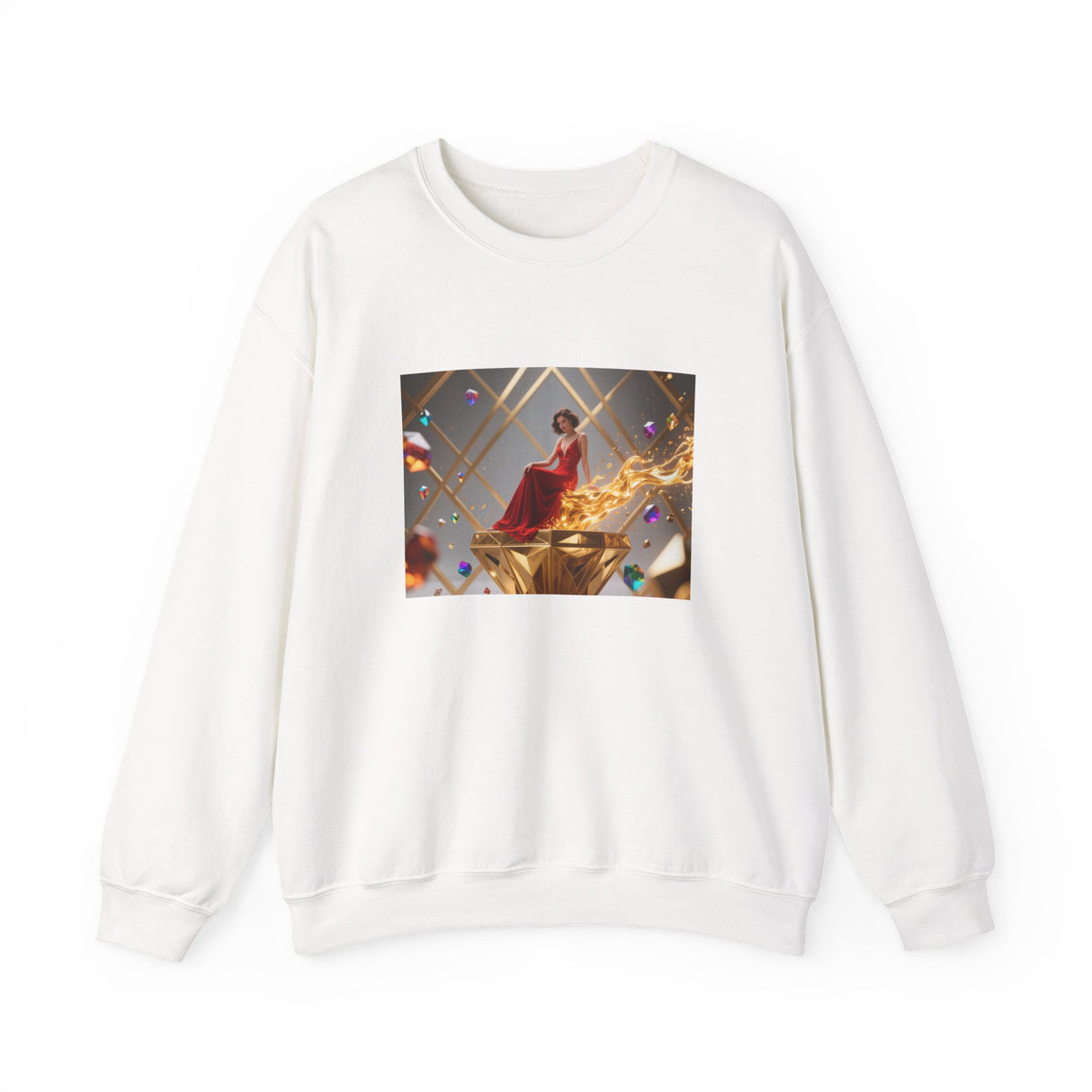 Crewneck Sweatshirt — Elegant Red Gown Art Print (Regal Celebration), perfect for chilly gallery openings, features luxurious red gown art.