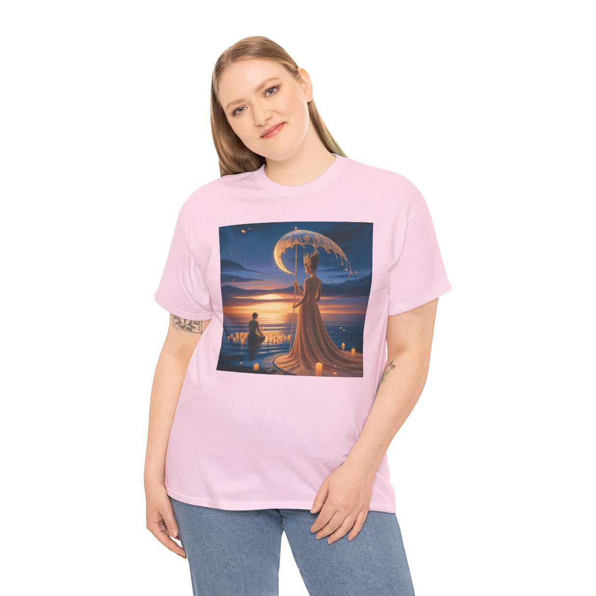 Wearing the Romantic Moonlit Couple T-Shirt — Sunset Fantasy Illustration Tee for a cozy evening at home, highlighting its softness.