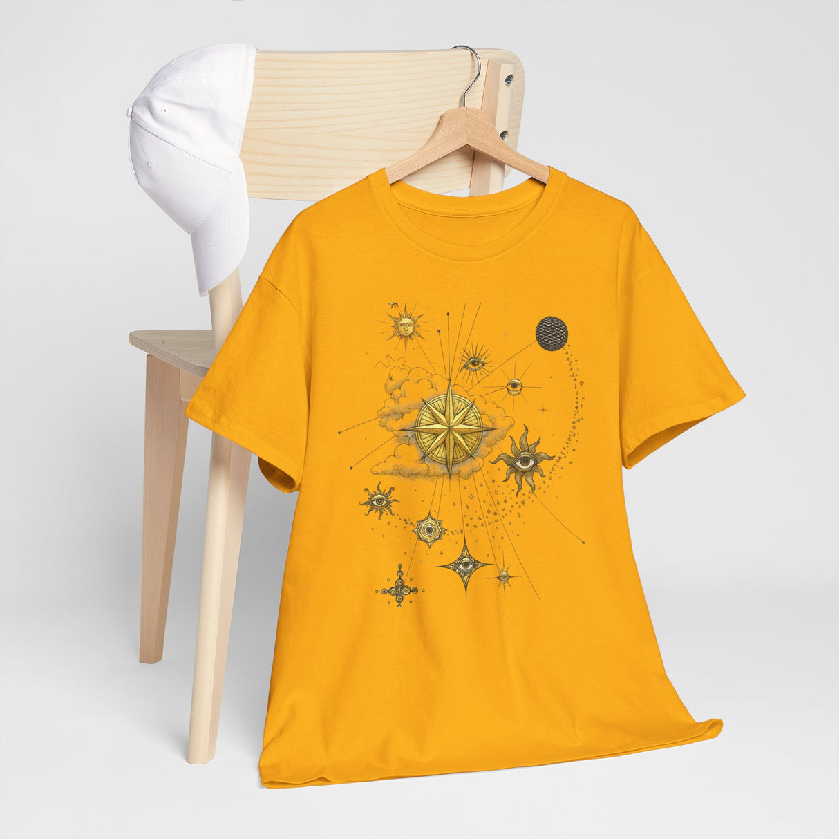 Close-up shot of the cosmic design on the Celestial Gold Star Map T-Shirt showing star details.