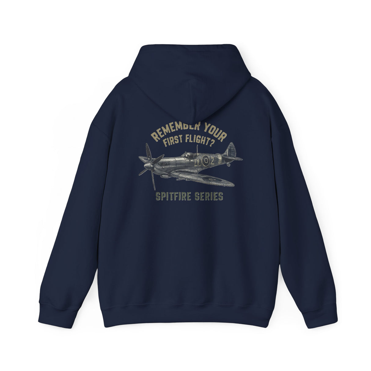 Back view of the Spitfire Series Hoodie showing the 'Remember Your First Flight?' slogan alongside the vintage airplane illustration.
