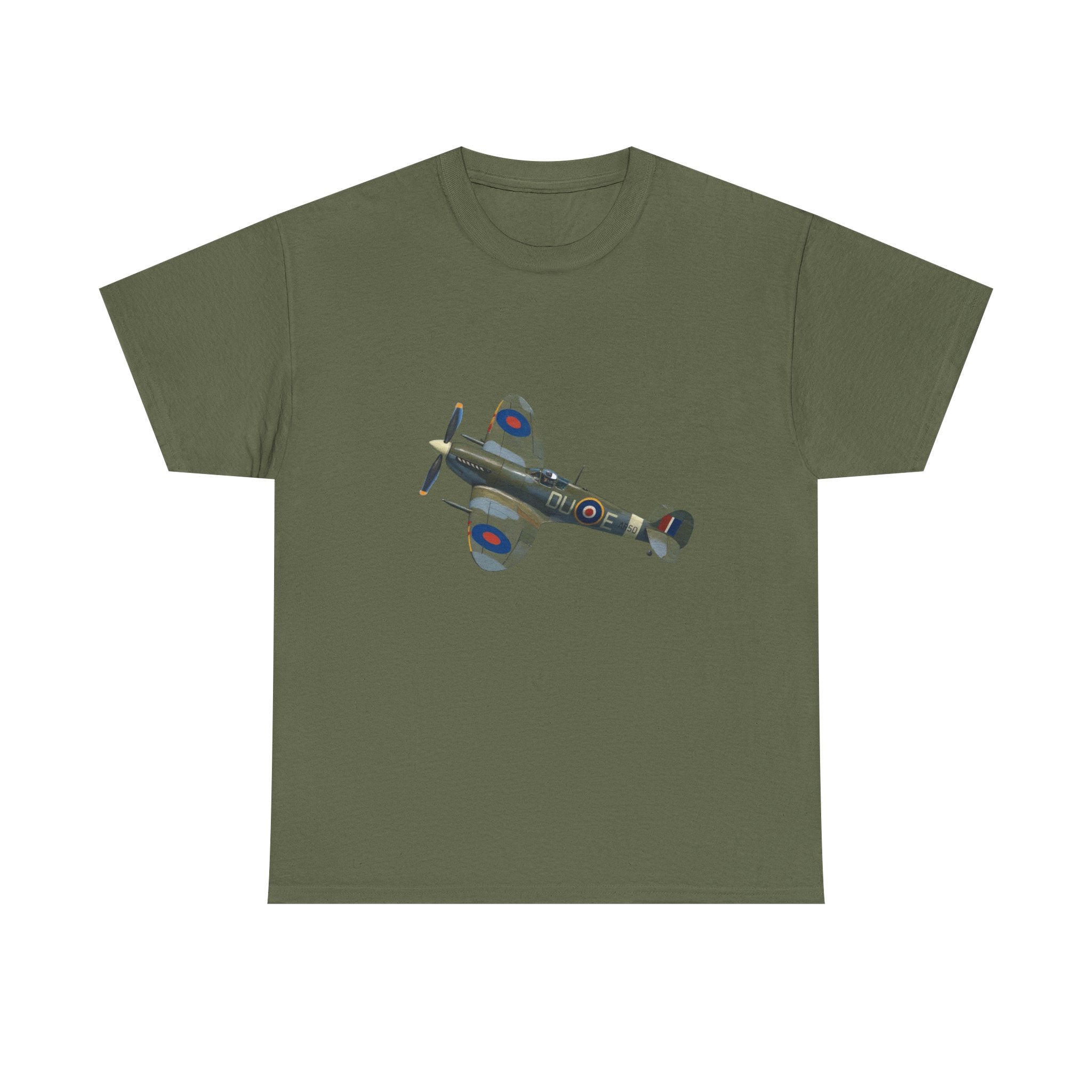 Model wearing vintage WWII Spitfire Fighter Plane T-Shirt paired with denim jeans