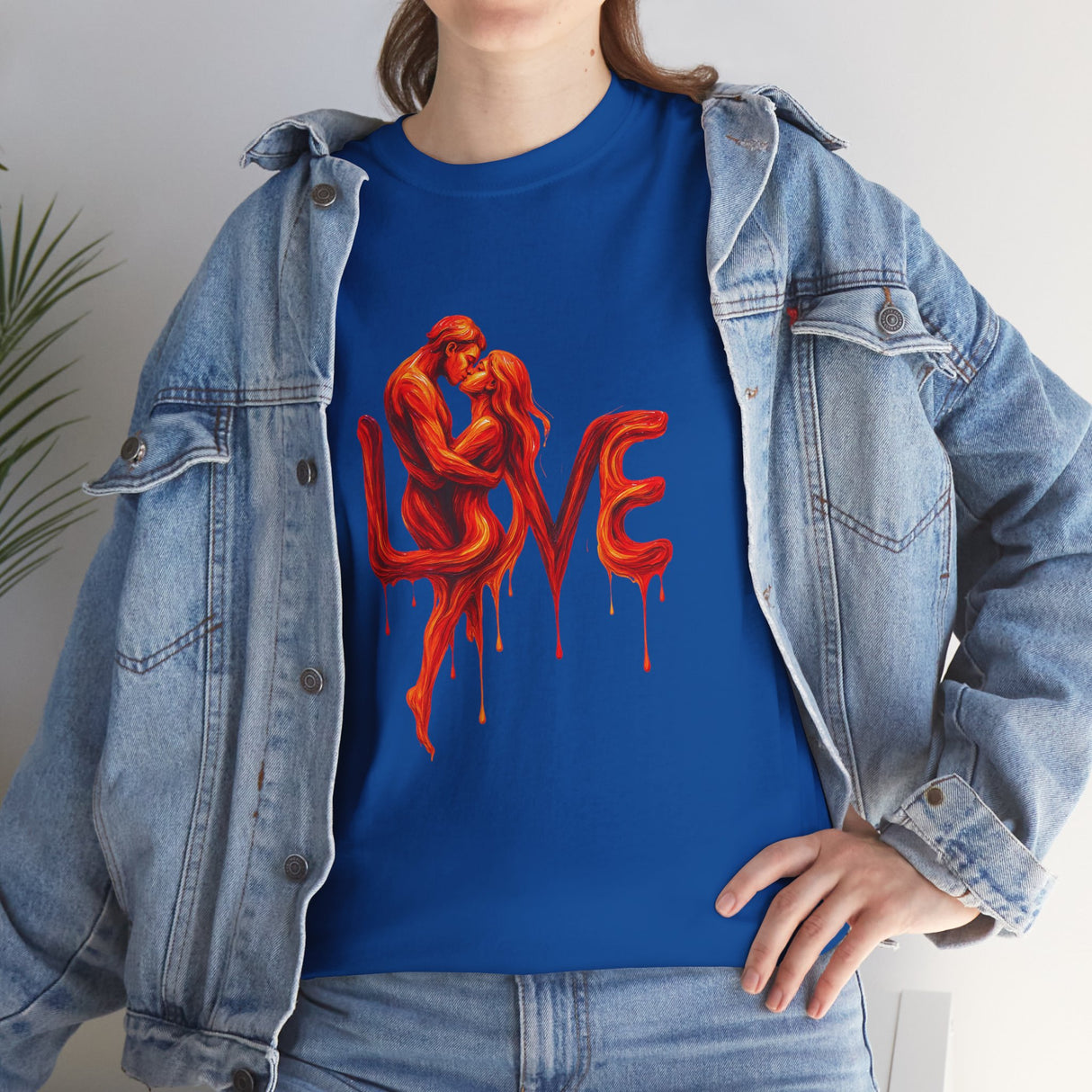 Love Silhouette T-Shirt - Romantic Dripping Heart Design being shown in a casual shopping scenario.