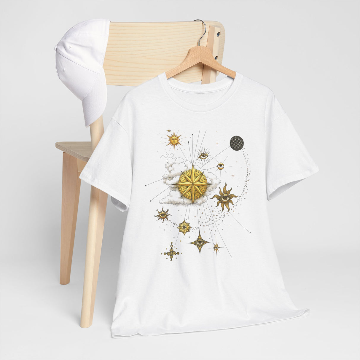 The Celestial Gold Star Map T-Shirt being worn outdoors, emphasizing its breathable cotton fabric.