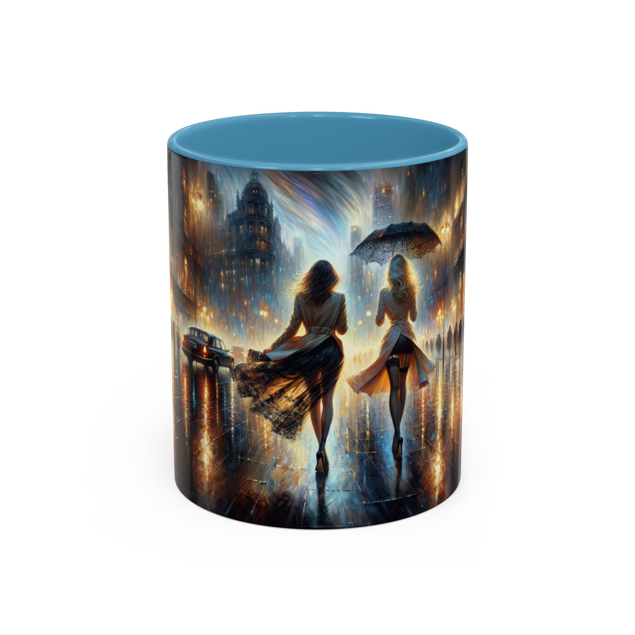Elegant Nighttime Cityscape Coffee Mug set against a nighttime city background, perfect for coffee lovers.