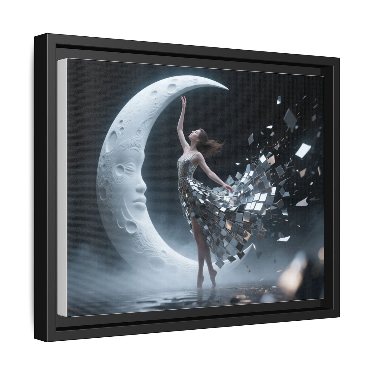 Framed Matte Canvas Art — Dancer & Moon Surreal Wall Decor ideal for creating a tranquil atmosphere in art studios or personal space.
