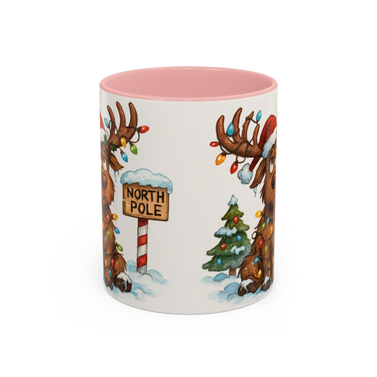 Christmas Reindeer Coffee Mug ready for holiday festivities, featuring colorful lights and a snow scene.