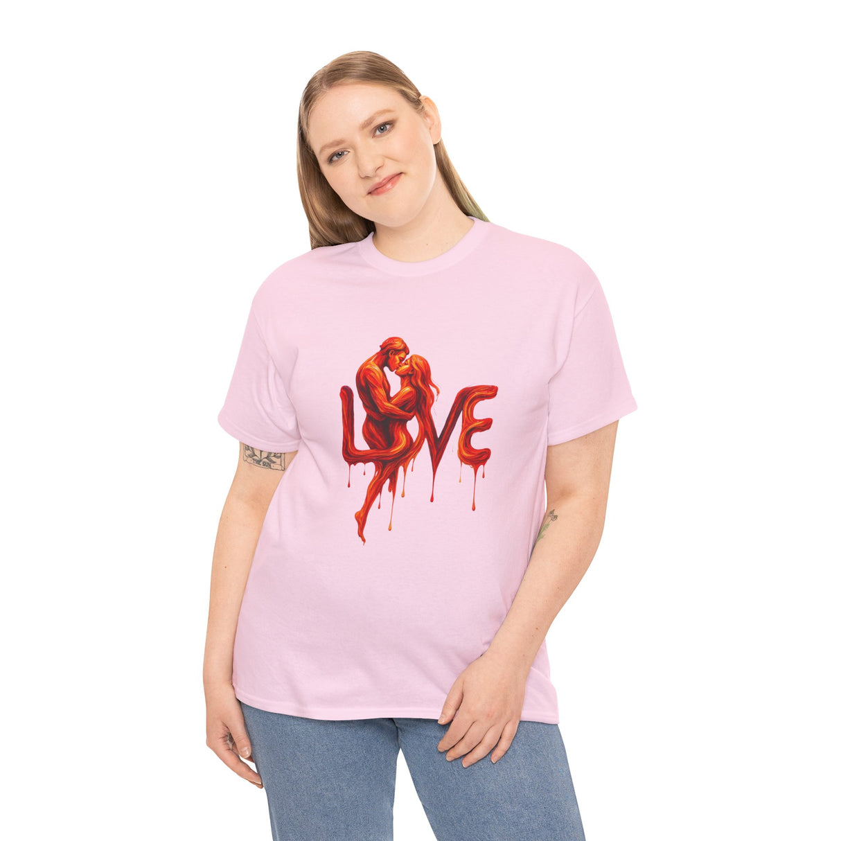 Casual styling of Love Silhouette T-Shirt - Romantic Dripping Heart Design paired with jeans and a jacket.