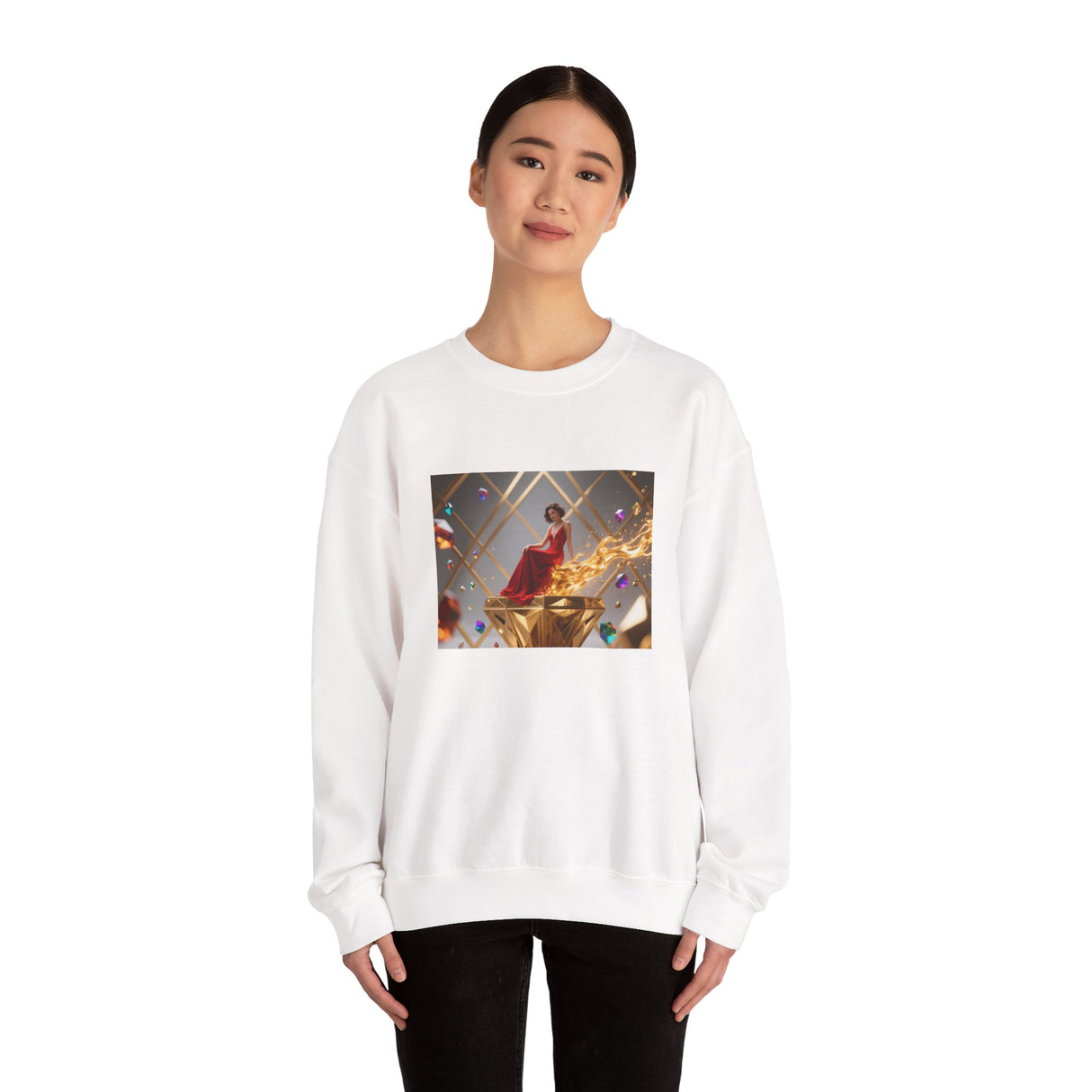 Crewneck Sweatshirt — Elegant Red Gown Art Print (Regal Celebration) presented on a cozy, stylish sweatshirt with vibrant red dress imagery.