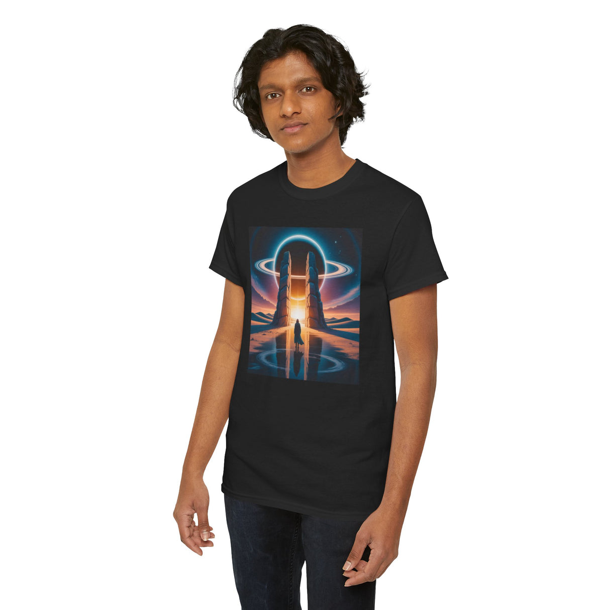 A casual outfit featuring the Cosmic Bridge Graphic Tee paired with sneakers, ideal for fashion-forward individuals.
