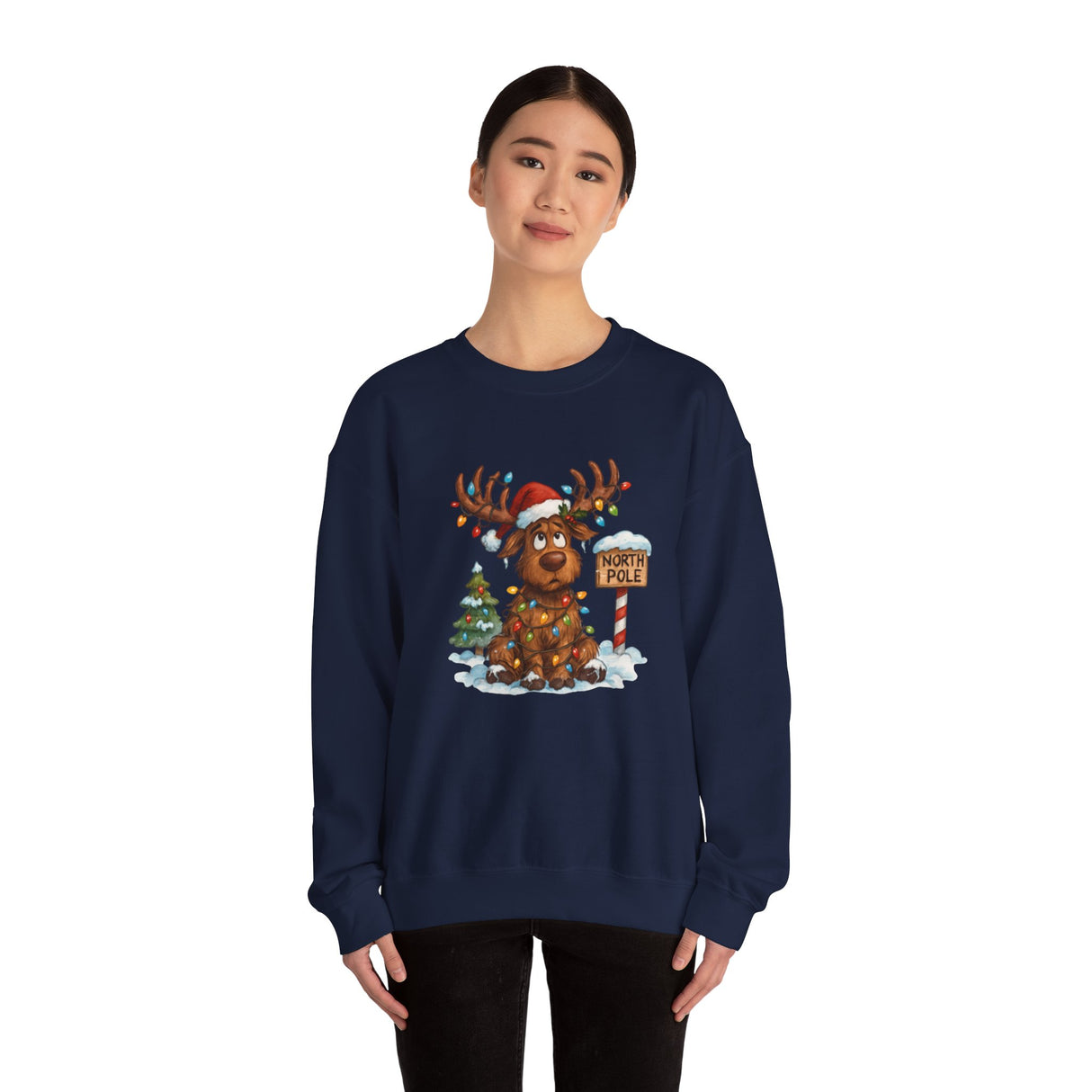 Warm and cozy Christmas Moose Crewneck Sweatshirt crafted from a durable cotton-poly blend.
