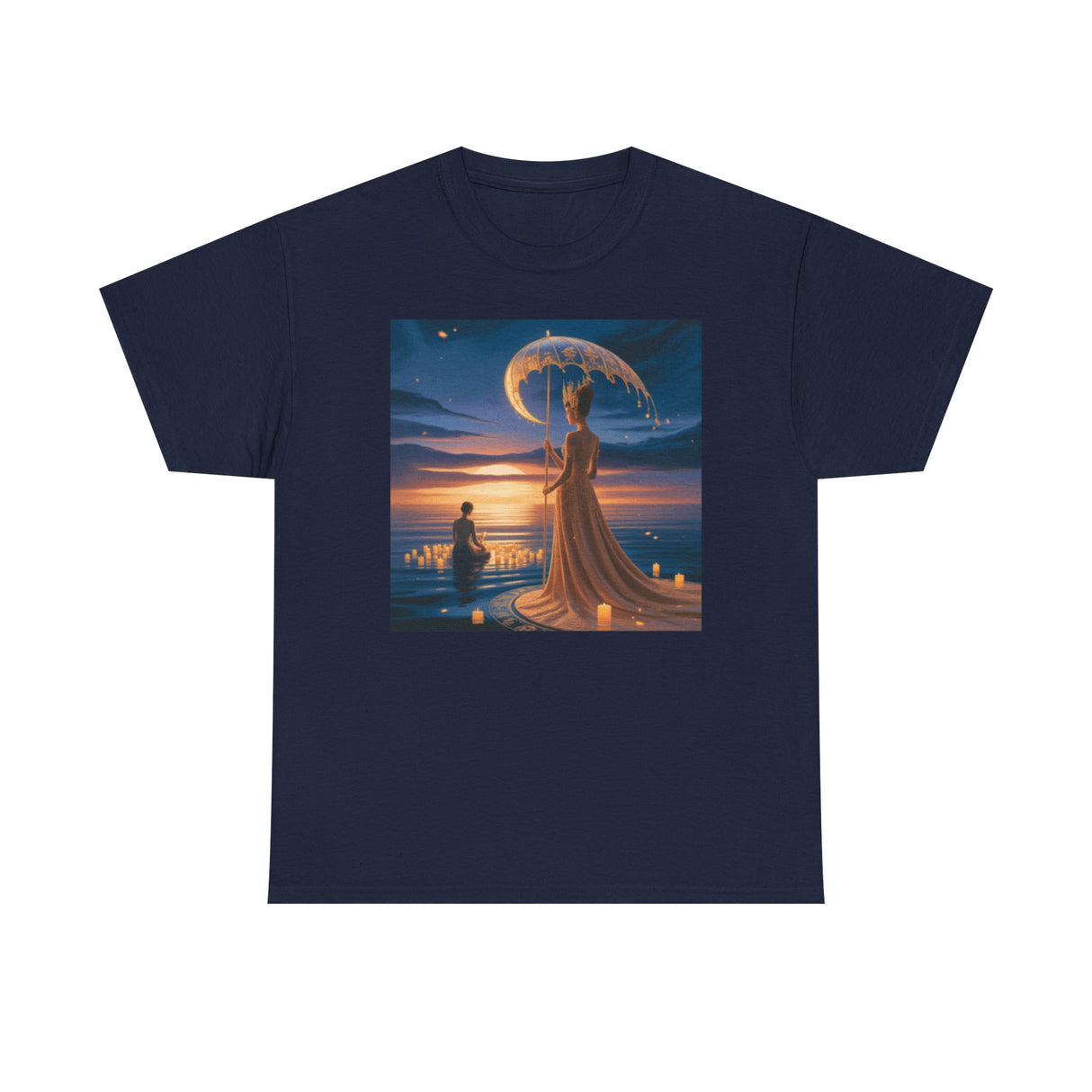 Romantic Moonlit Couple T-Shirt — Sunset Fantasy Illustration Tee displayed on a casual hanger, emphasizing its relaxed fit and soft texture.