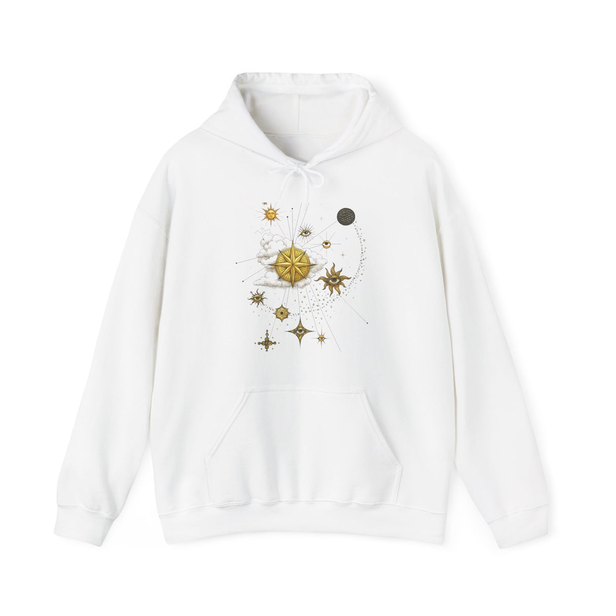 Casual outfit featuring the Celestial Compass Hoodie with jeans, styled for everyday wear.