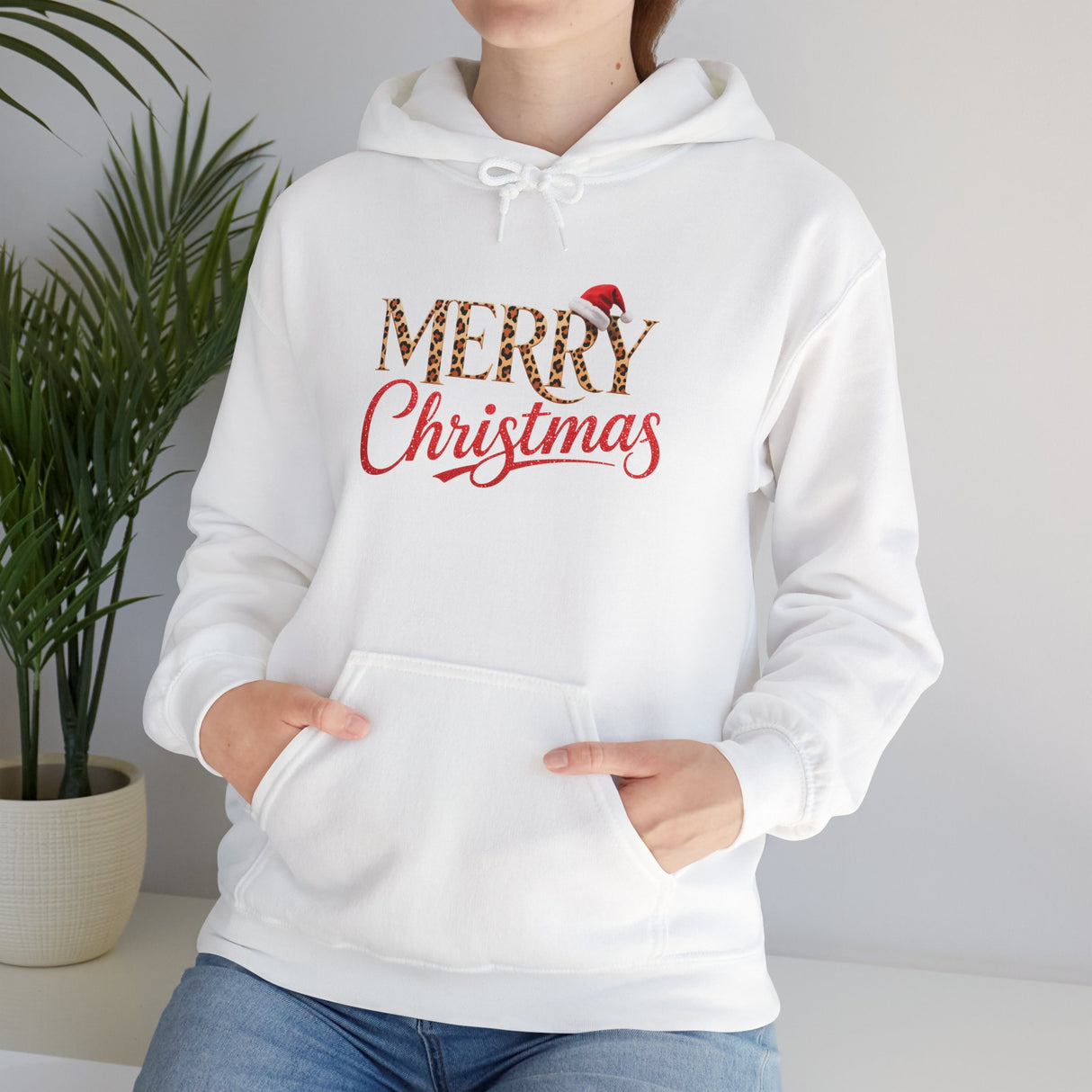 Merry Christmas Hoodie on display highlighting the festive holiday theme.