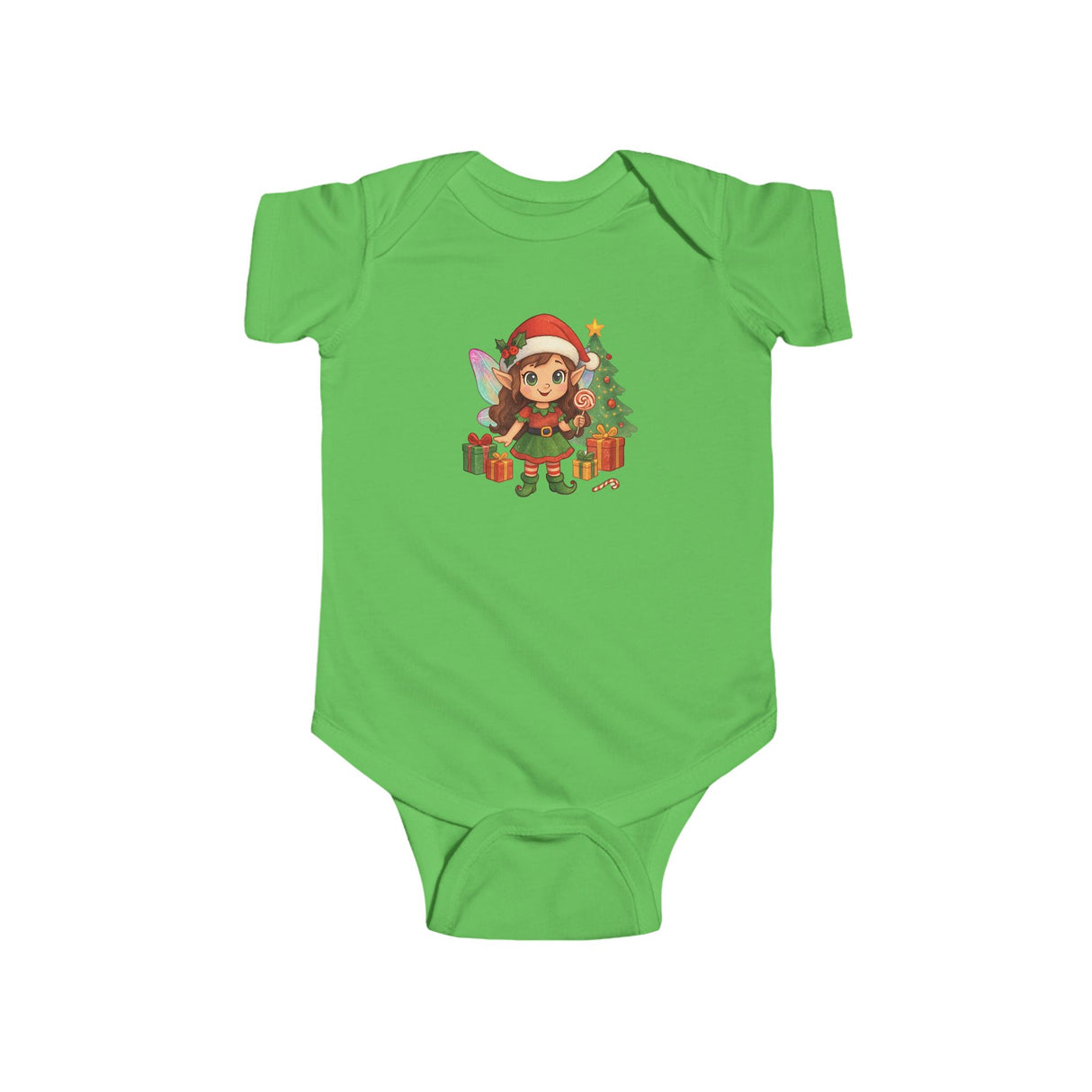 Infant wearing Baby Christmas Elf Bodysuit — Cute Holiday Infant Onesie during holiday celebration