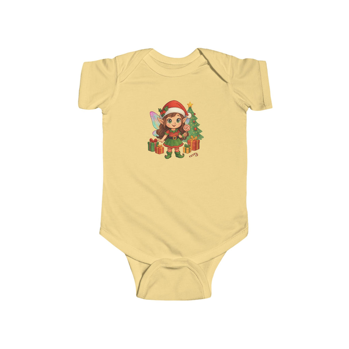 Close-up of the snap closure on Baby Christmas Elf Bodysuit — Cute Holiday Infant Onesie for easy diaper changes