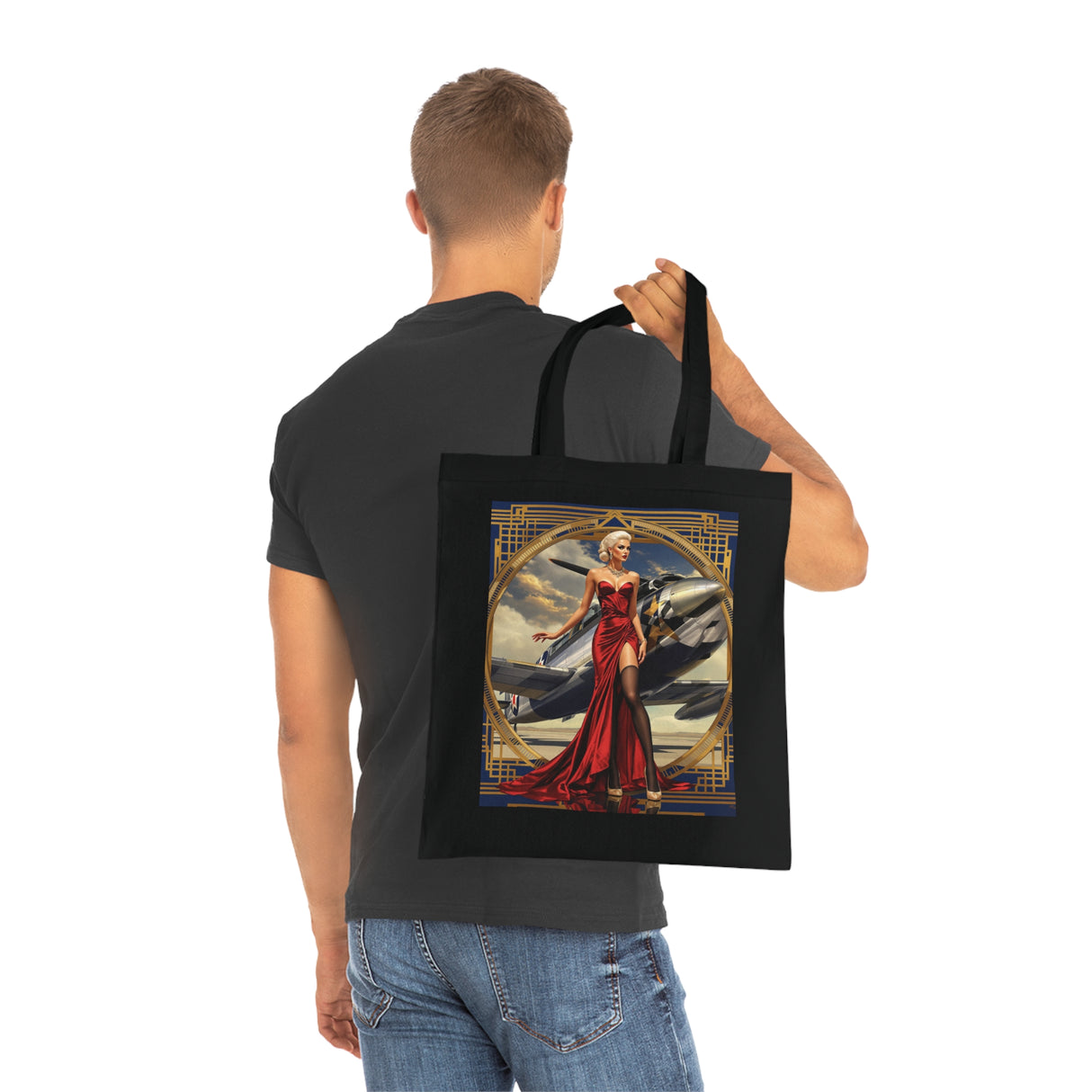 Vintage Pinup Tote Bag featuring retro glamour art of a woman in a striking red dress with vintage aircraft backdrop.