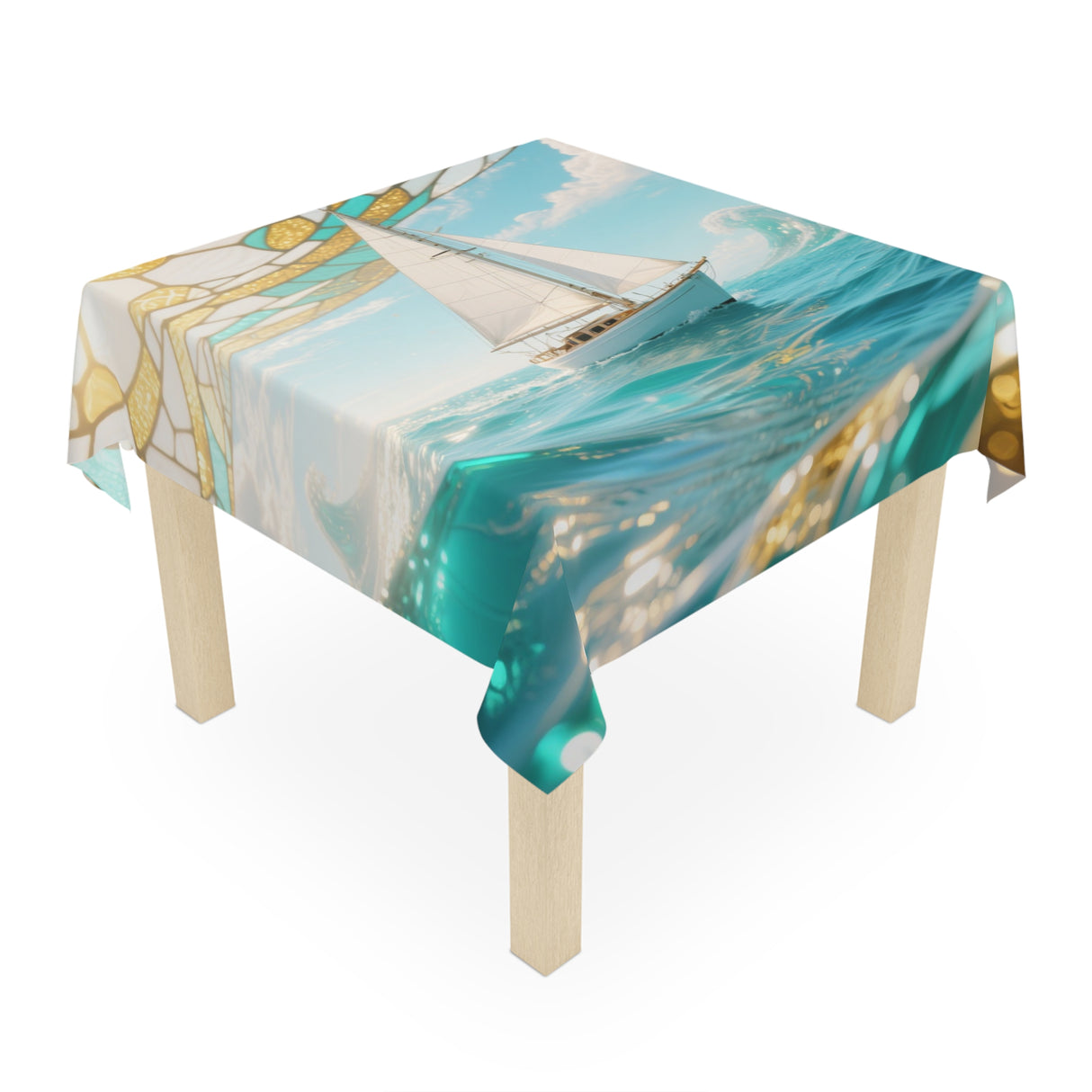 Close-up detail of the Vintage Carved Birds Tablecloth featuring beautifully carved-style birds in muted colors against a creamy background.